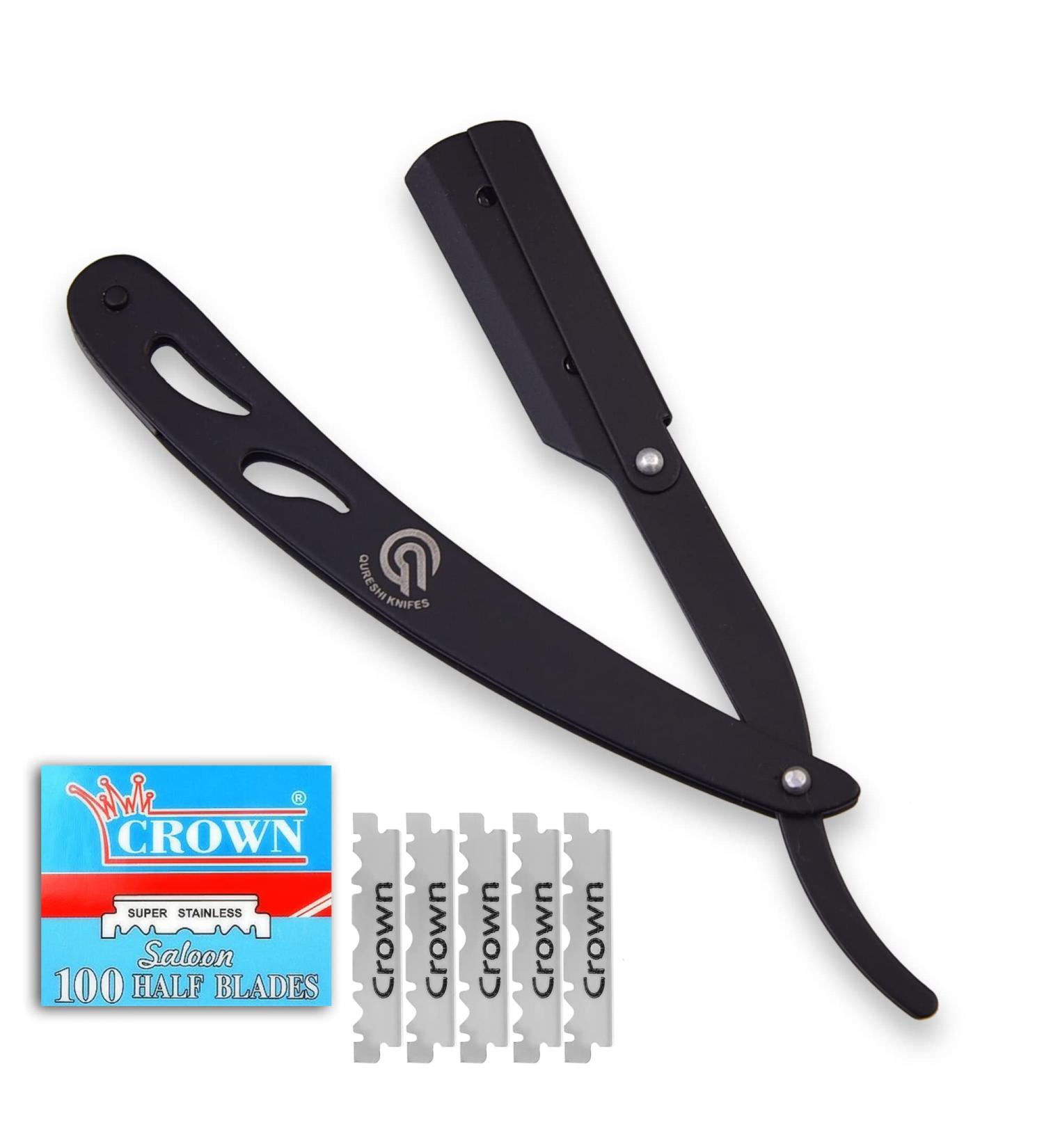 Professional Stainless Steel Straight Edge Barber Razor for Men - Matte Black with 100 Blades | Silky Magic Shave - Buy Online on GoSupps.com