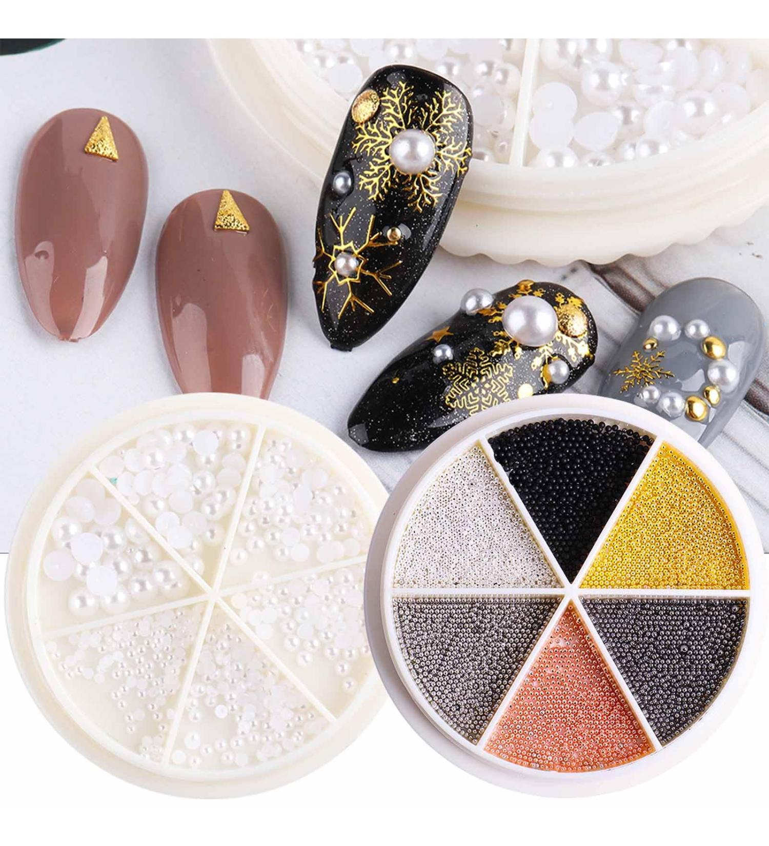 GZMAYUEN Metallic Nail Beads & Pearls Set - Silver, Rose Gold, Black - 0.8mm Half Circle Beads, 1.5-4mm White Pearls - Nail Art Decoration - Buy Online on GoSupps.com