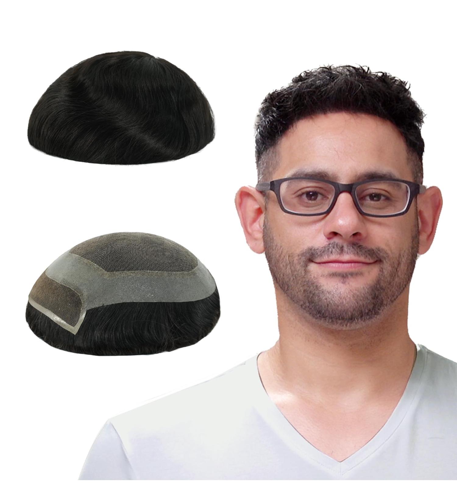 Lordhair Human Hair Toupee for Men Natural Hairline French Lace Front with Skin Perimeter Men's Hair System Off Black 1B# 6x8 inch - Buy Online on GoSupps.com