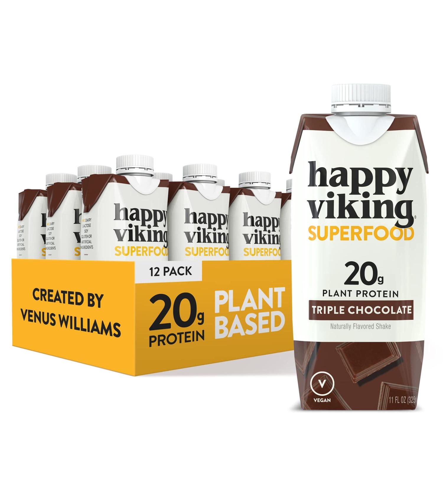 Happy Viking Vegan Chocolate Protein Shake by Venus Williams | 20g Protein, Omega-3, 9 Amino Acids, BCAAs | Gluten-Free, Non-GMO | Ready to Drink | Pack of 12 (11oz) - Buy Online on GoSupps.com