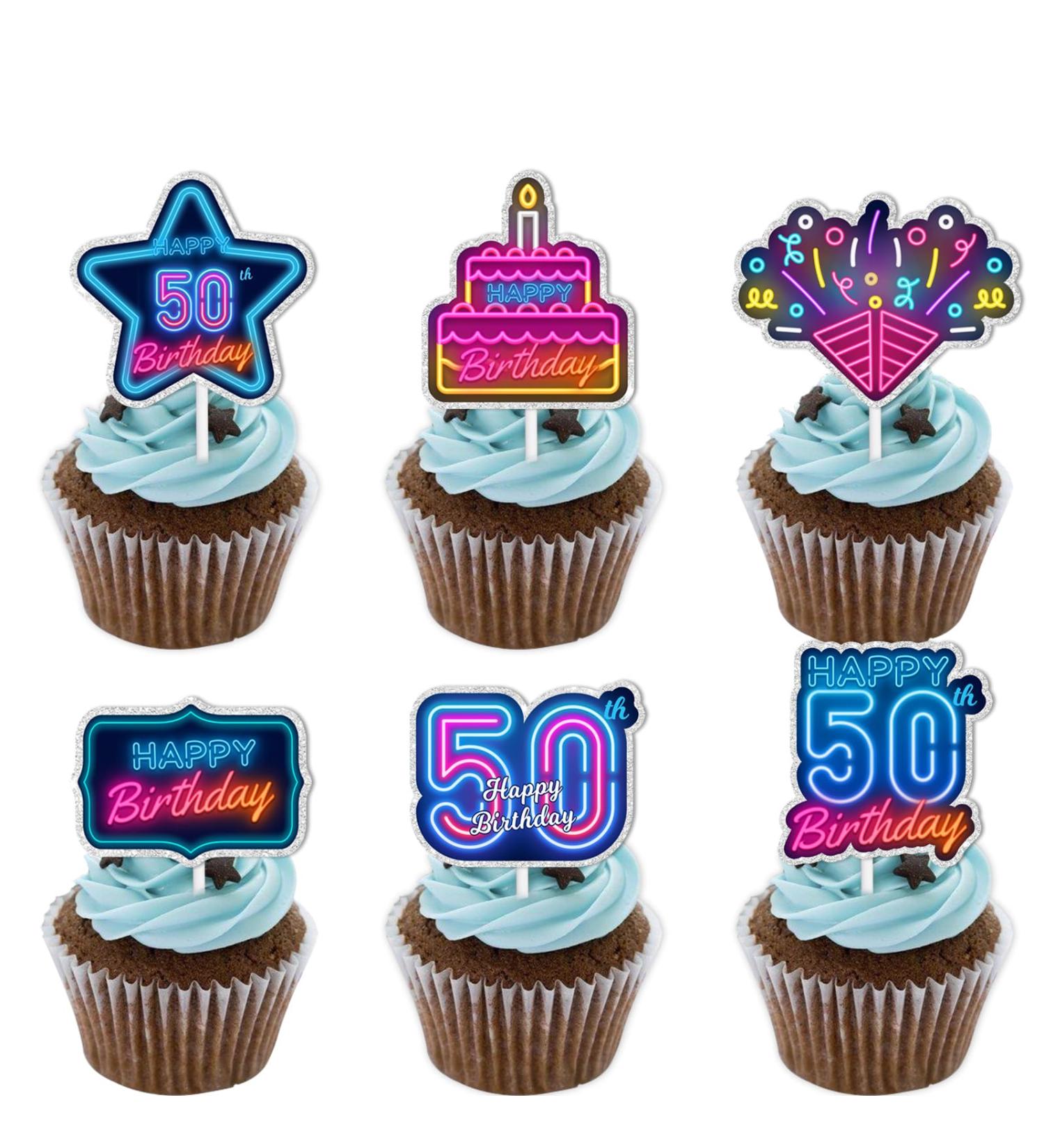18pcs Blue Fluorescence Glitter Dessert Cupcake Topper Cheer to Let s Glow Crazy Happy 50th Birthday Theme Decoration Supplies Anniversary Wedding Party Decor Supplies - Buy Online on GoSupps.com