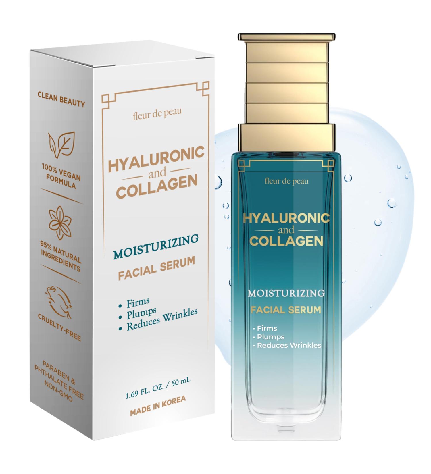 Fleur De Peau Hyaluronic Acid Serum For Face with Collagen - Dermatologist Tested Anti-Aging Ultra Hydrating Firming & Smoothing Korean Skin Care - 95% Natural Clean Beauty Vegan - 1.69 FL. Oz Hyaluronic Acid & Collagen - Buy Online on GoSupps.com