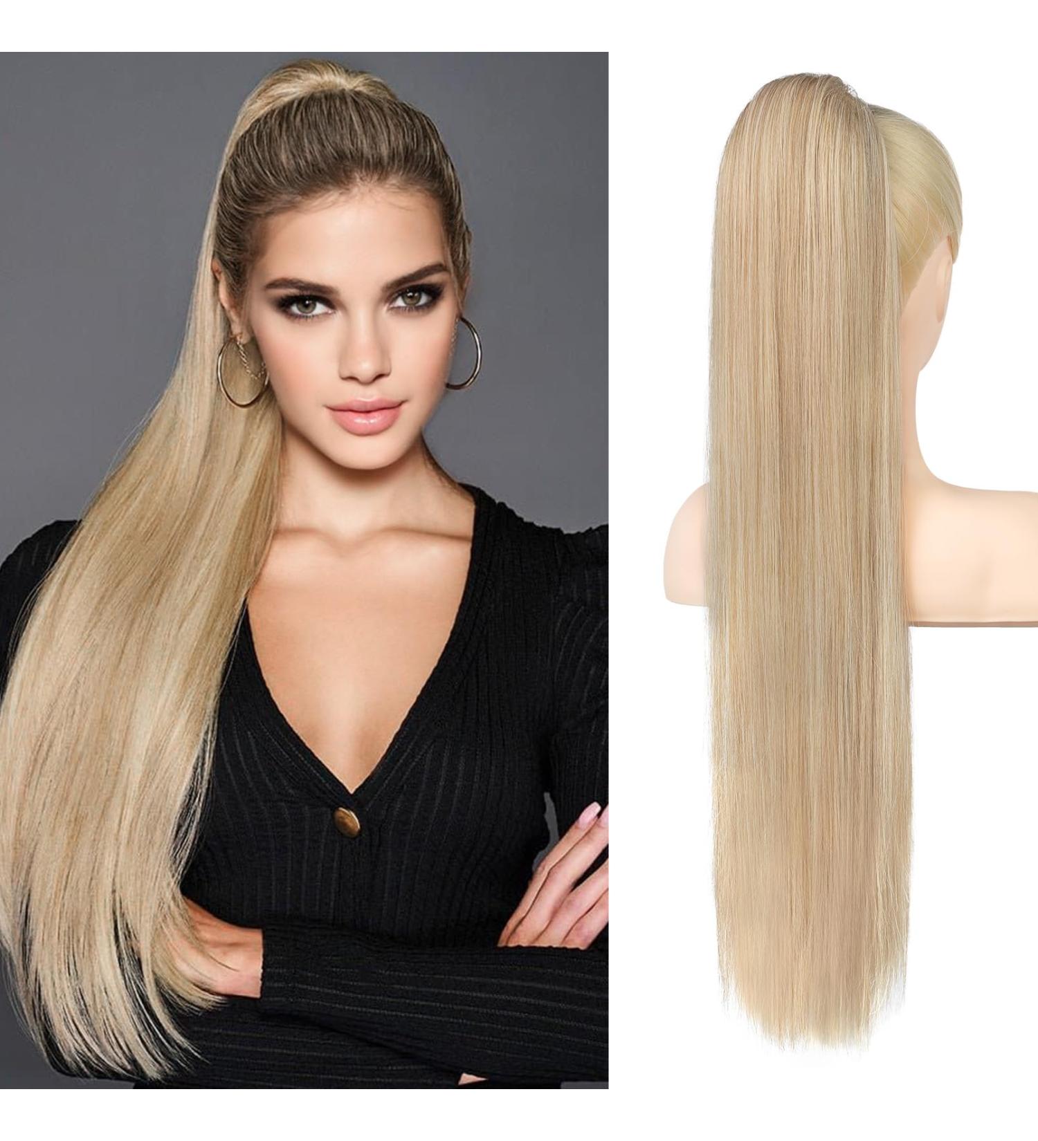 REECHO 28 Long Straight Drawstring Ponytail Extension - Synthetic Hairpiece for Women in Medium Blonde with Pale Highlights - Buy Online on GoSupps.com