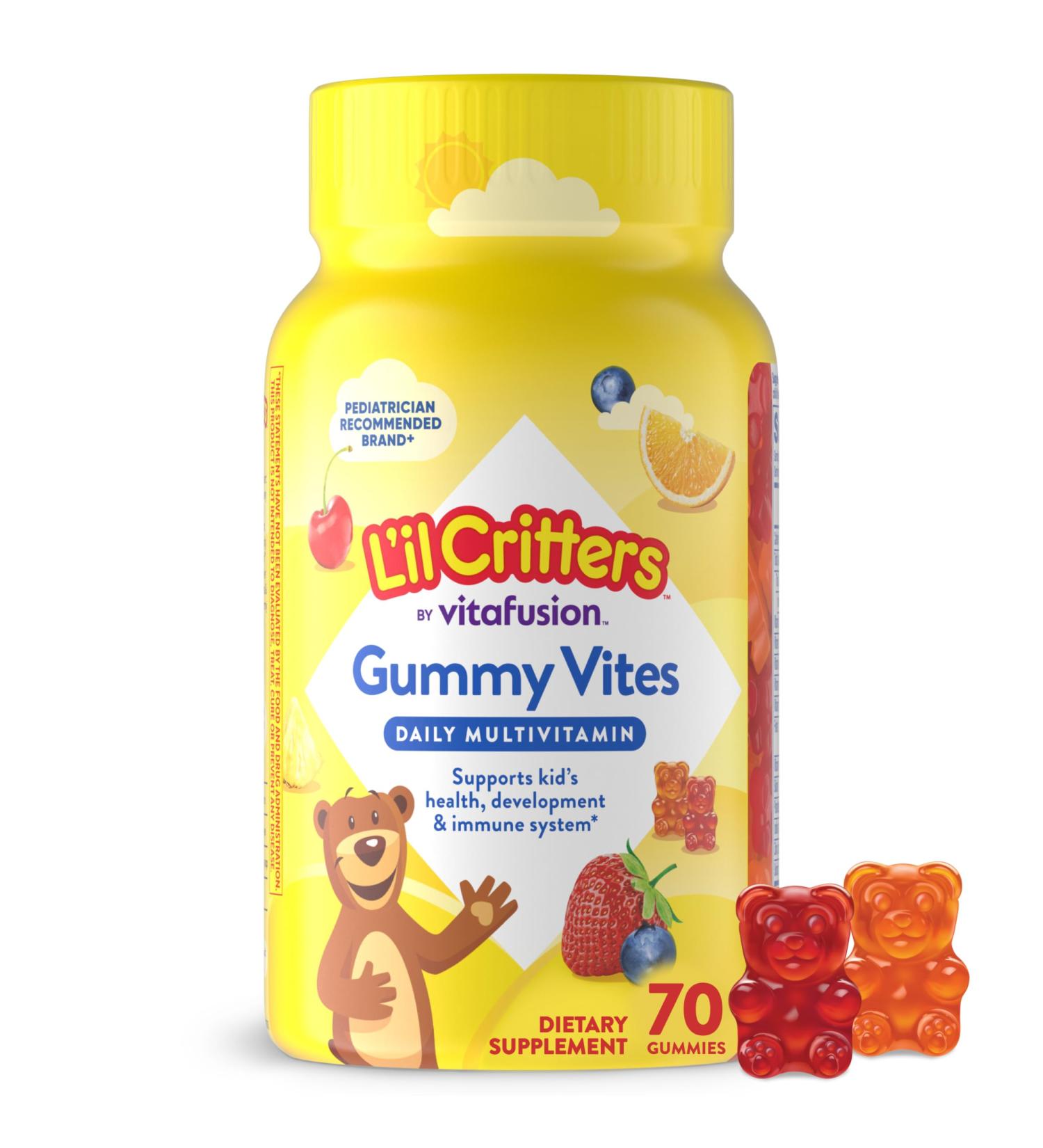 L il Critters Gummy Vites Daily Gummy Multivitamin for Kids, Vitamin C, D3 for Immune Support Cherry, Strawberry, Orange, Pineapple and Blueberry Flavors, 70 Count Gummies Naturally Sourced Flavors 70 Count (Pack of 1) - Buy Online on GoSupps.com