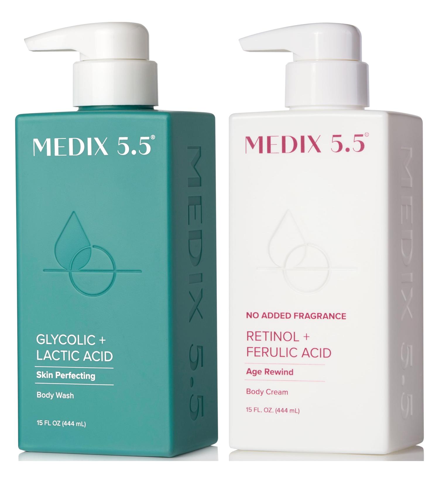 Medix 5.5 Fragrance Free Retinol Age Rewind Cream + Glycolic Acid Exfoliating Body Wash Set - Buy Online on GoSupps.com