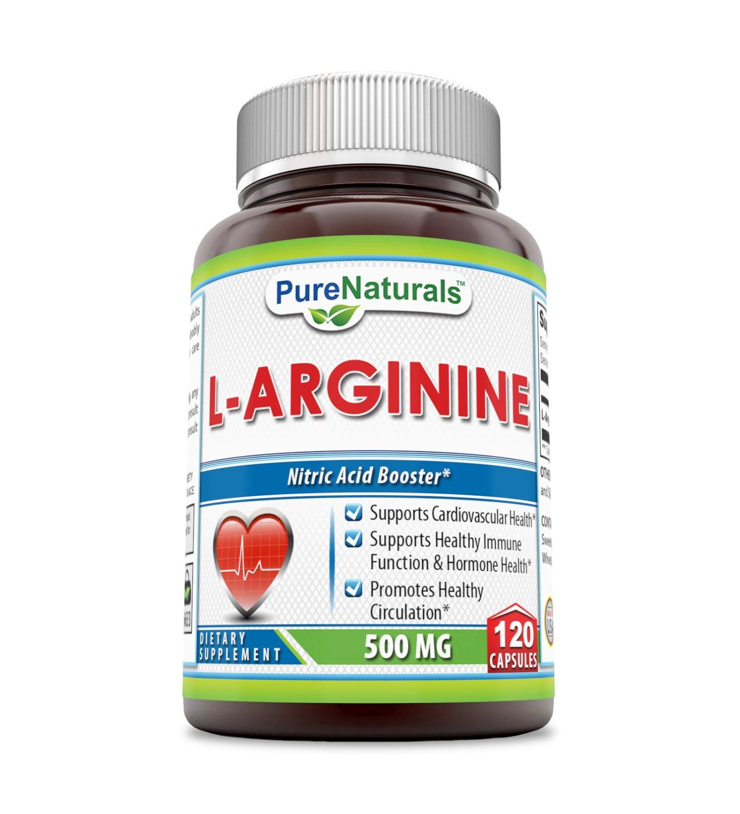 Pure Naturals L-Arginine 500 Mg Capsules - Supports Cardiovascular & Immune Health Promotes Circulation (120 Count - Buy Online on GoSupps.com