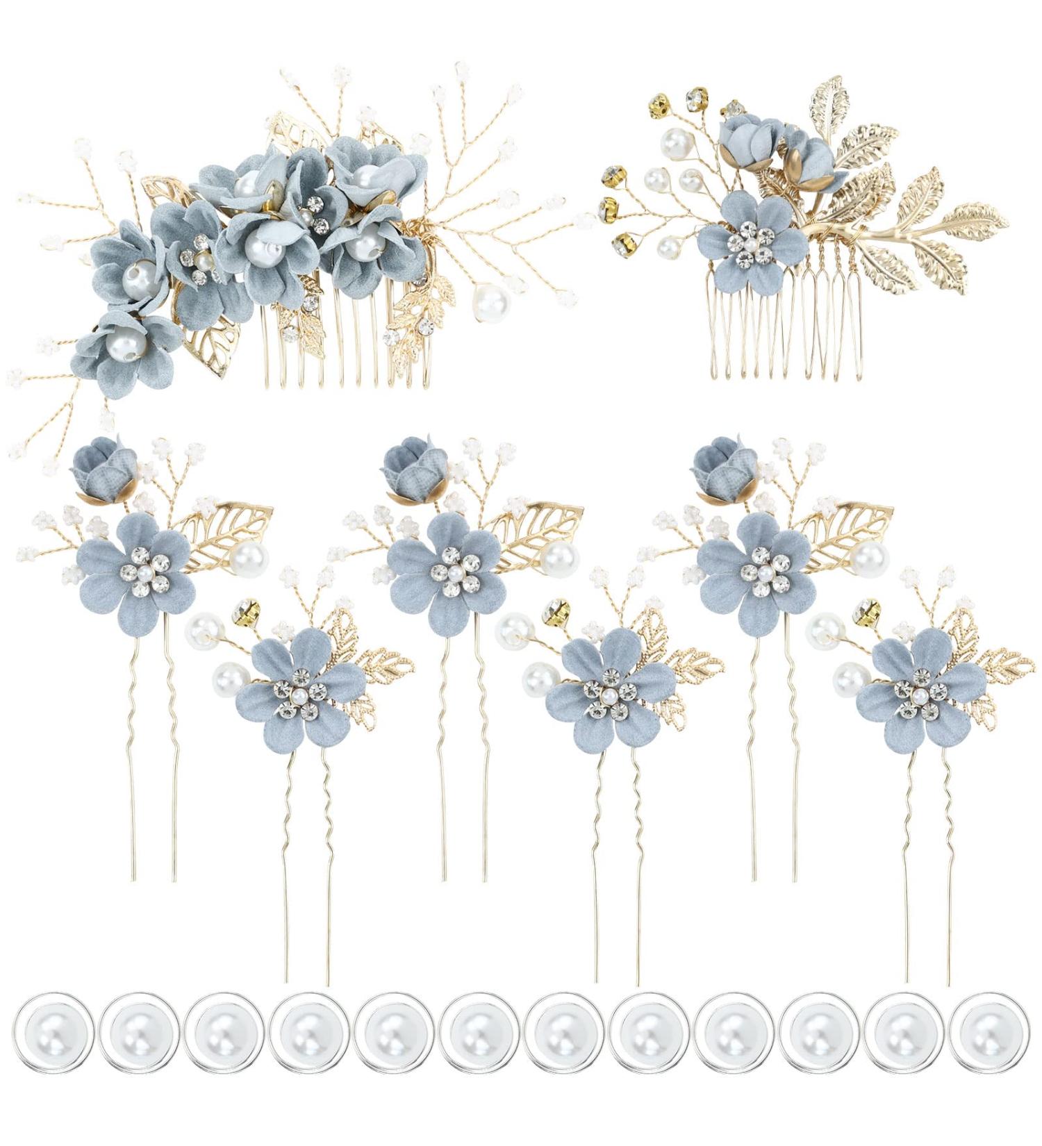 inSowni 20 Pack Classy Dusty Blue Flower Bridal Wedding Hair Side Combs and Hair Accessories - Perfect for Brides, Bridesmaids, and Prom - Light Blue Theme - Buy Online on GoSupps.com