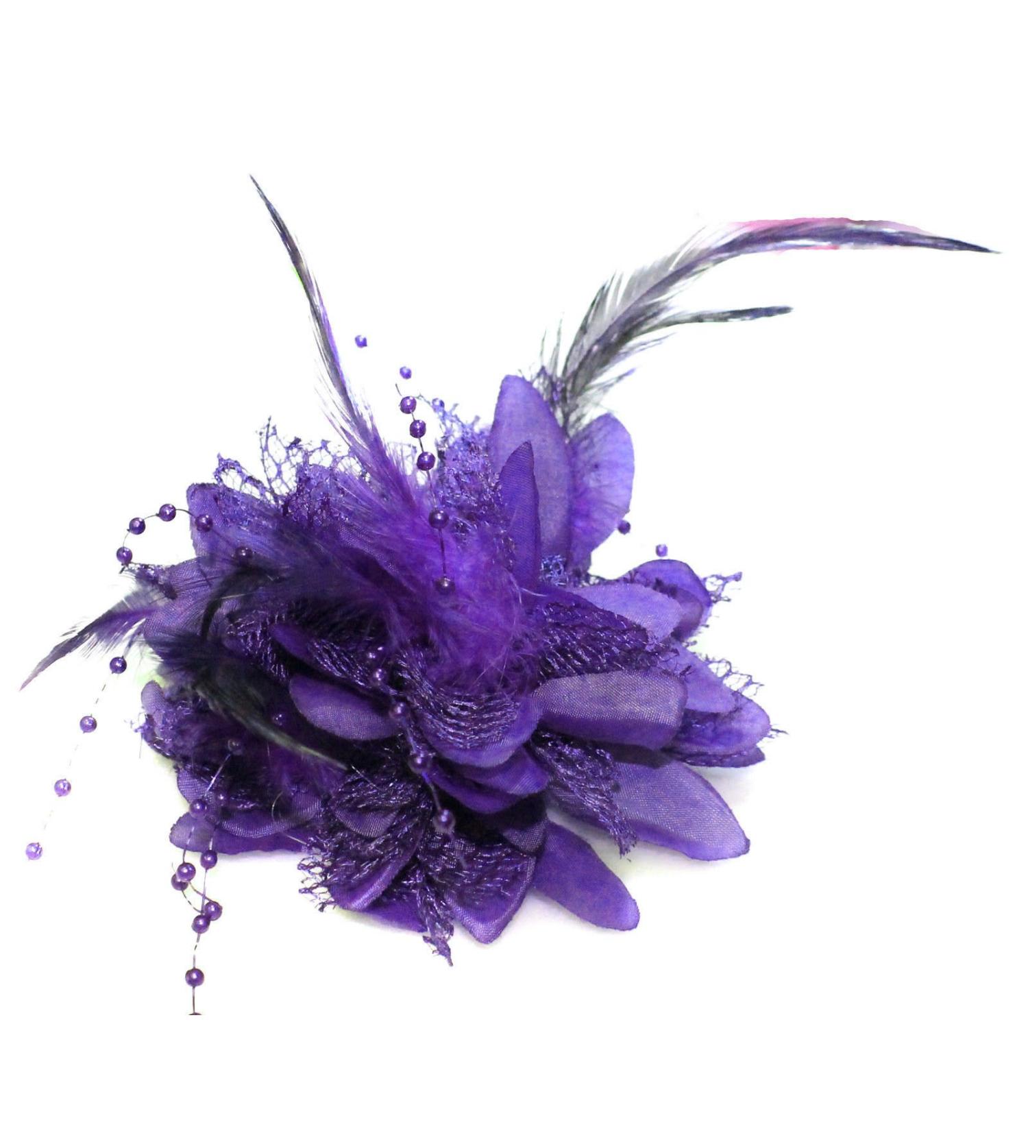 Flower Feather Bead Corsage Hair Clips Fascinator Hairband and Pin (Purple)