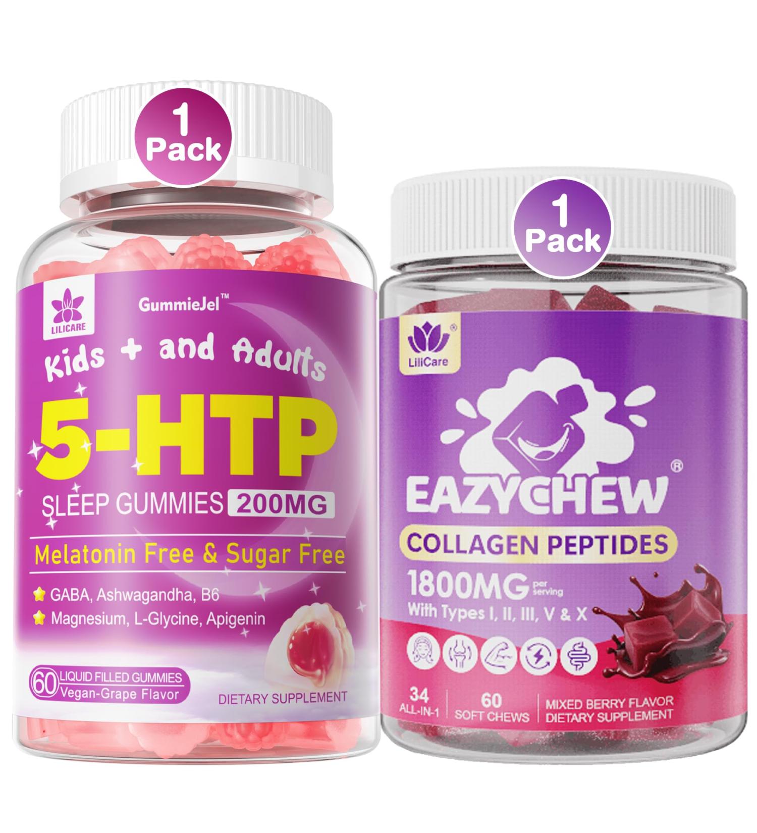 LILICARE 5HTP Gummies for Adults & Kids + Collagen Peptides Soft Chews 3000mg for Women & Men - Buy Online on GoSupps.com