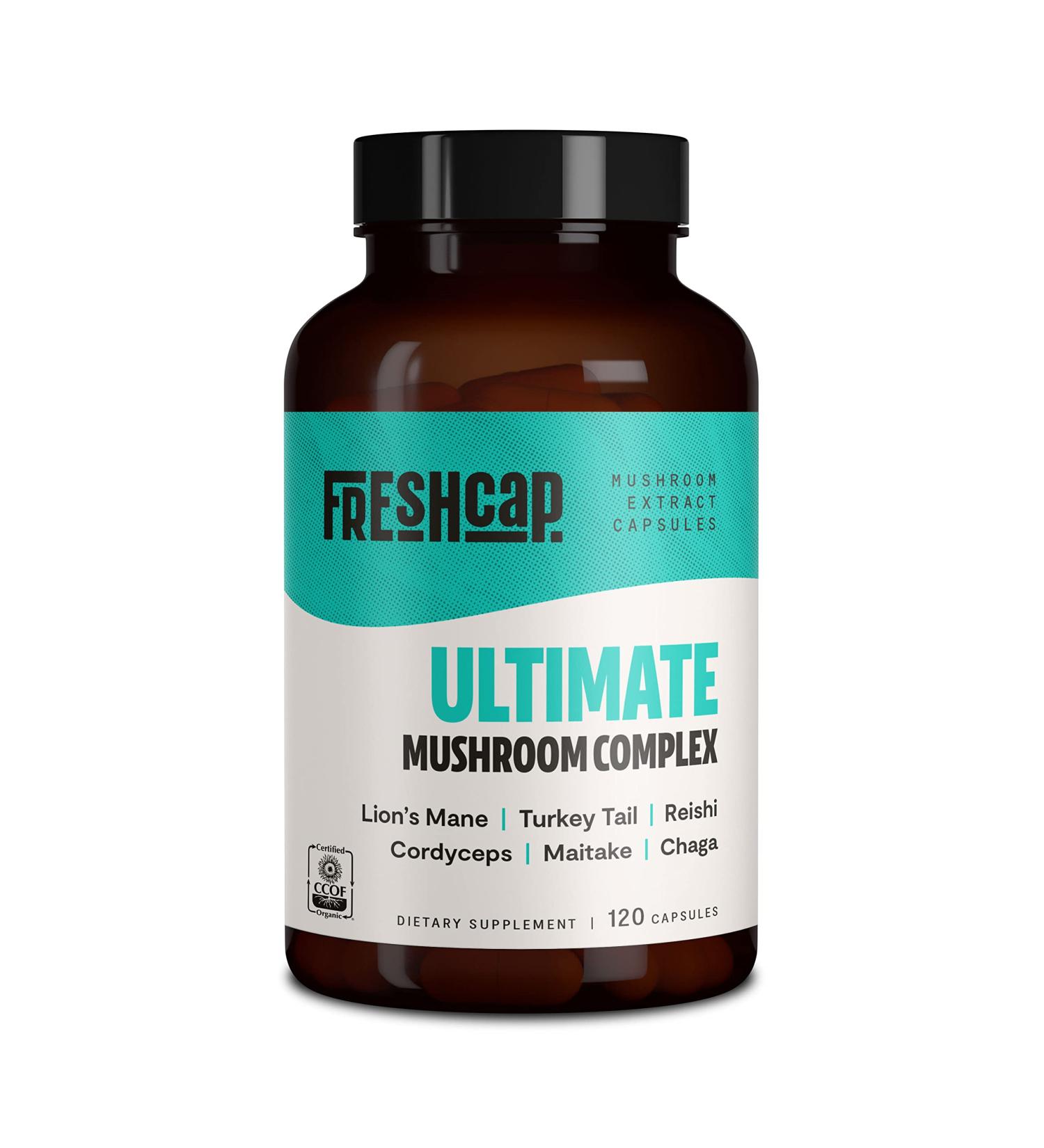 FreshCap Ultimate Mushroom Complex 120ct - Lion's Mane, Reishi, Cordyceps, Chaga, Turkey Tail, Maitake Supplement - Real Fruiting Body, No Fillers - Buy Online on GoSupps.com