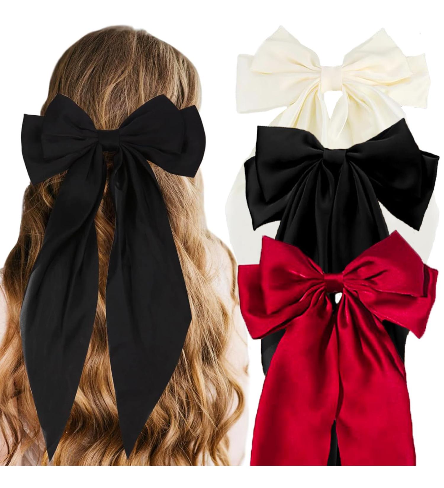 3 Pcs Big Hair bow Hair Bows for Women Bow Hair Clip Elegant Solid Color French Barrette Bows For Hair With Soft Long Silky Satin Hair Barrettes Accessories Bow Hair Clips for Women Girls Black+Red+Cream - Buy Online on GoSupps.com