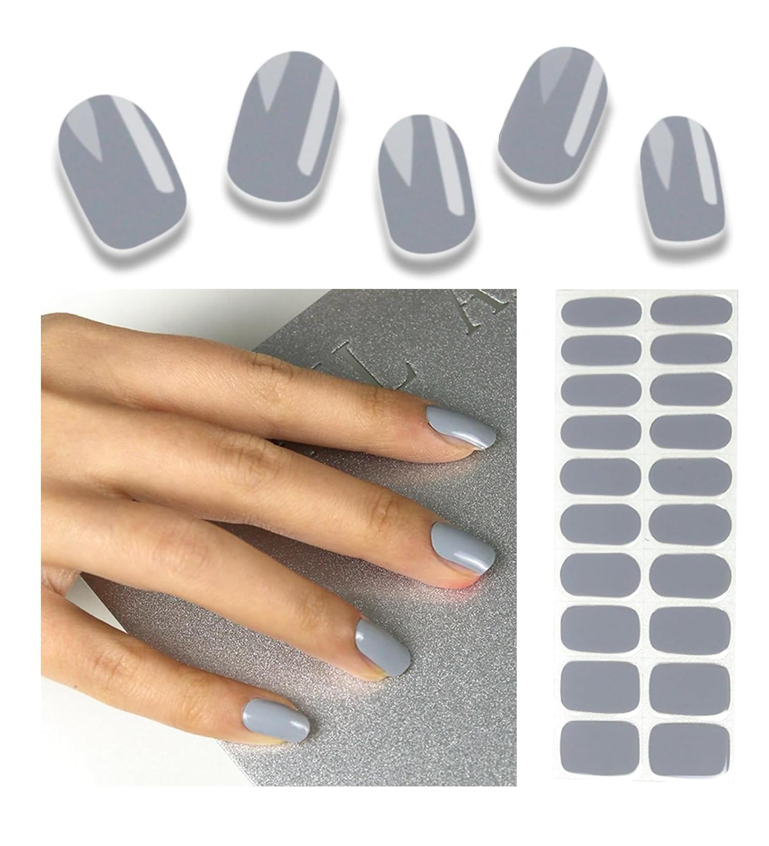Foyute Semi Cured Gel Nail Strips 20 Pcs Soft Self-Adhesive Gel Nail Polish Wraps Sticker for Salon-Quality Manicure Set Long Lasting Easy to Apply & Remove Nail File & Wooden Stick (Grey) - Buy Online on GoSupps.com