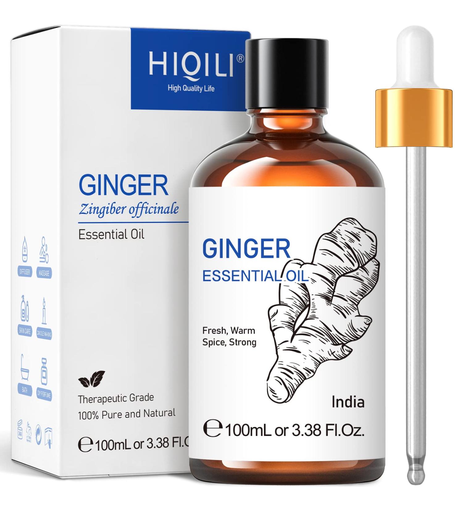 HIQILI Pure Ginger Essential Oil for Lymphatic Drainage Massage - 100ml Large Bottle with Dropper & Gift Box - 3.38 Fl Oz - Relieves Swelling, Pain, and Promotes Healthy Skin & Hair - Buy Online on GoSupps.com