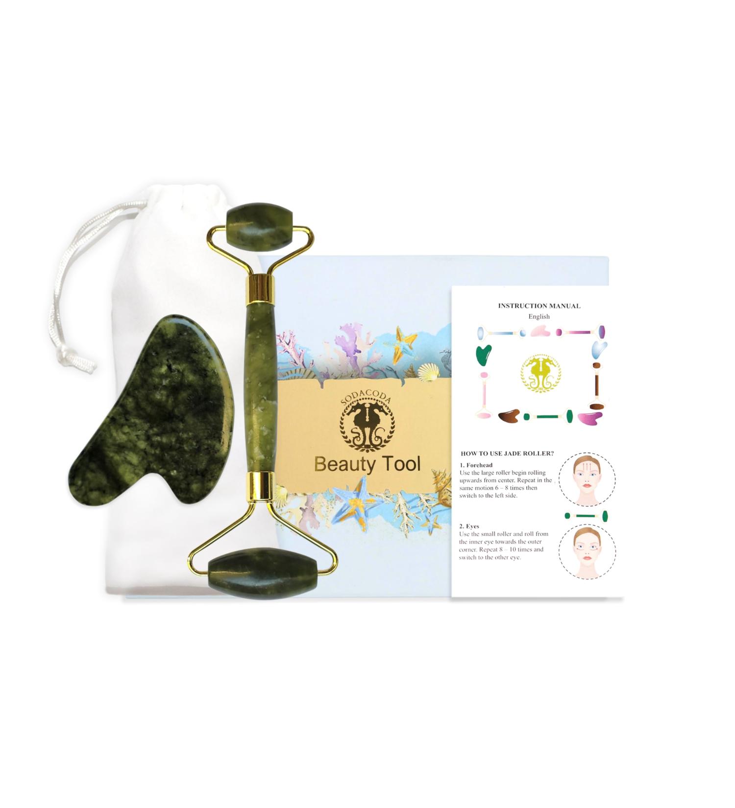 Sodacoda Gua Sha Set - Tradional Chinese Beauty Face Massage - Semi Gemstone Scraper and Roller - South Chinese Jade