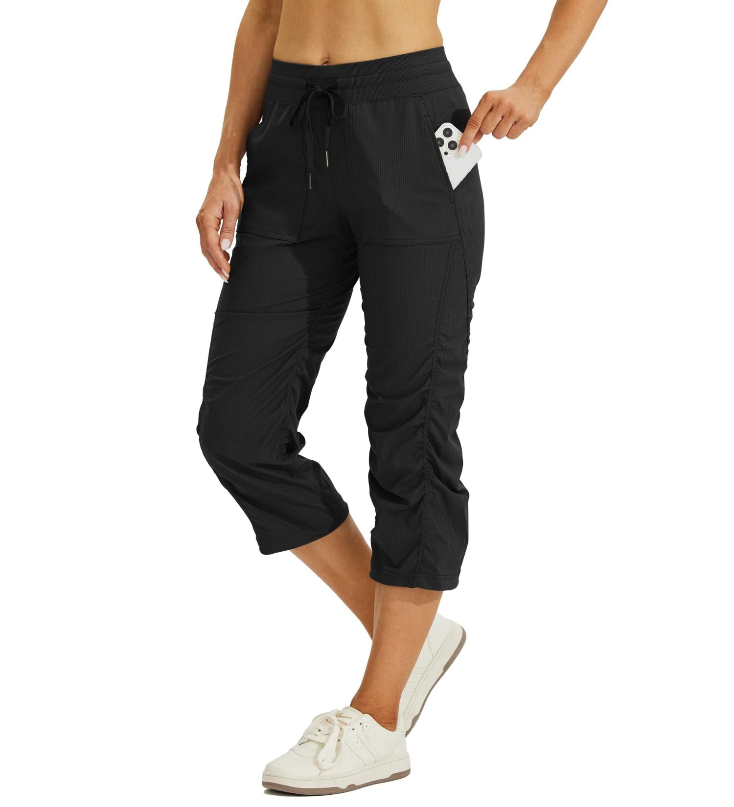 Willit Women's Striped Capris Hiking Travel Pants - Lightweight Quick Dry Drawstring Workout Pants with Pockets - Black XX-Large - Buy Online on GoSupps.com