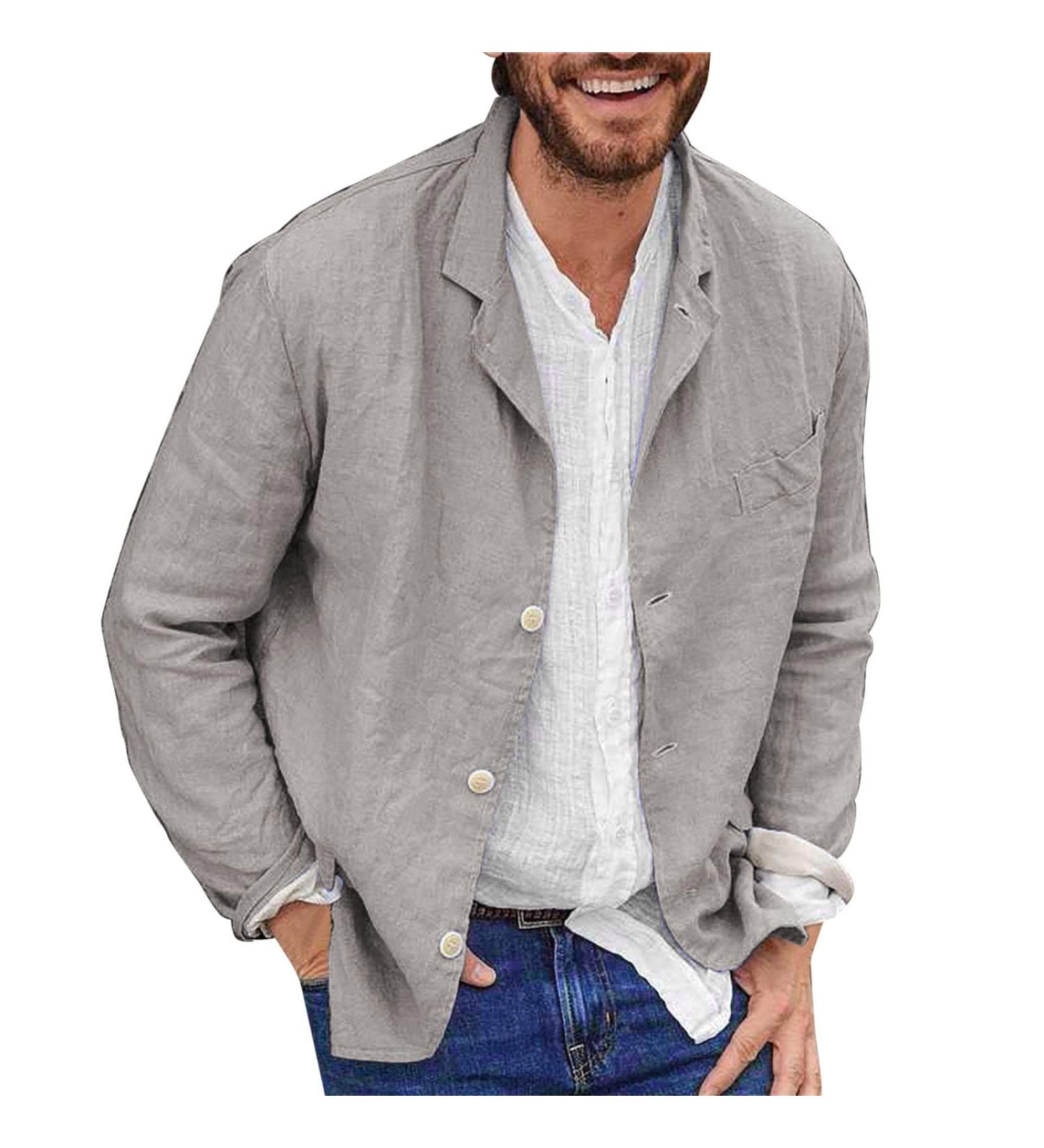 Duohropke Men's Linen Suit Jacket - Slim Fit Monochrome Long-Sleeved Fashionable Cardigan - 3XL Gray - Buy Online on GoSupps.com