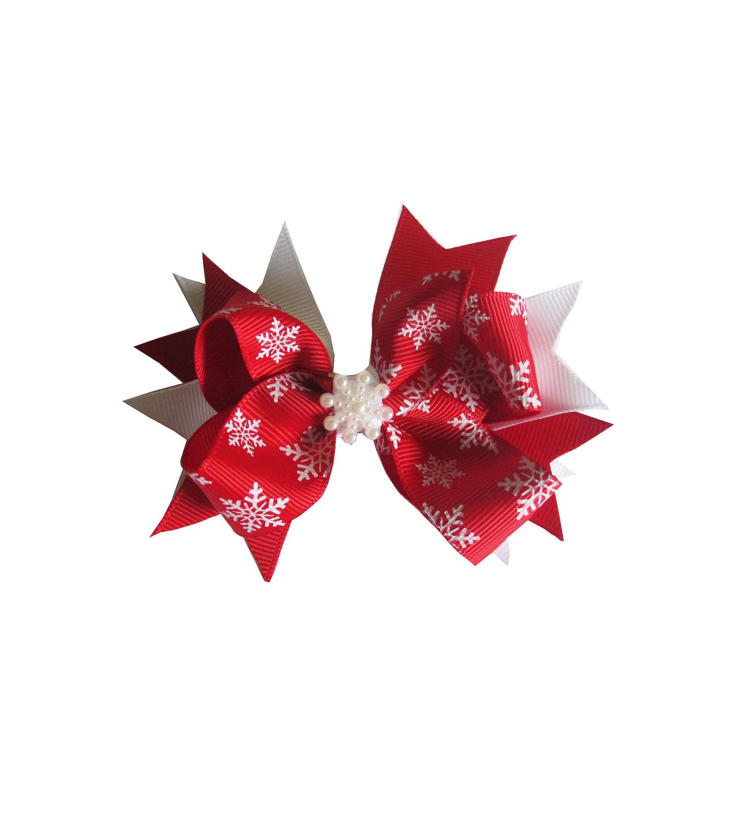 PrettyBoutique 4 Inches Girls Christmas Snowflakes Grosgrain Hair Bow Alligator Clip (Red)