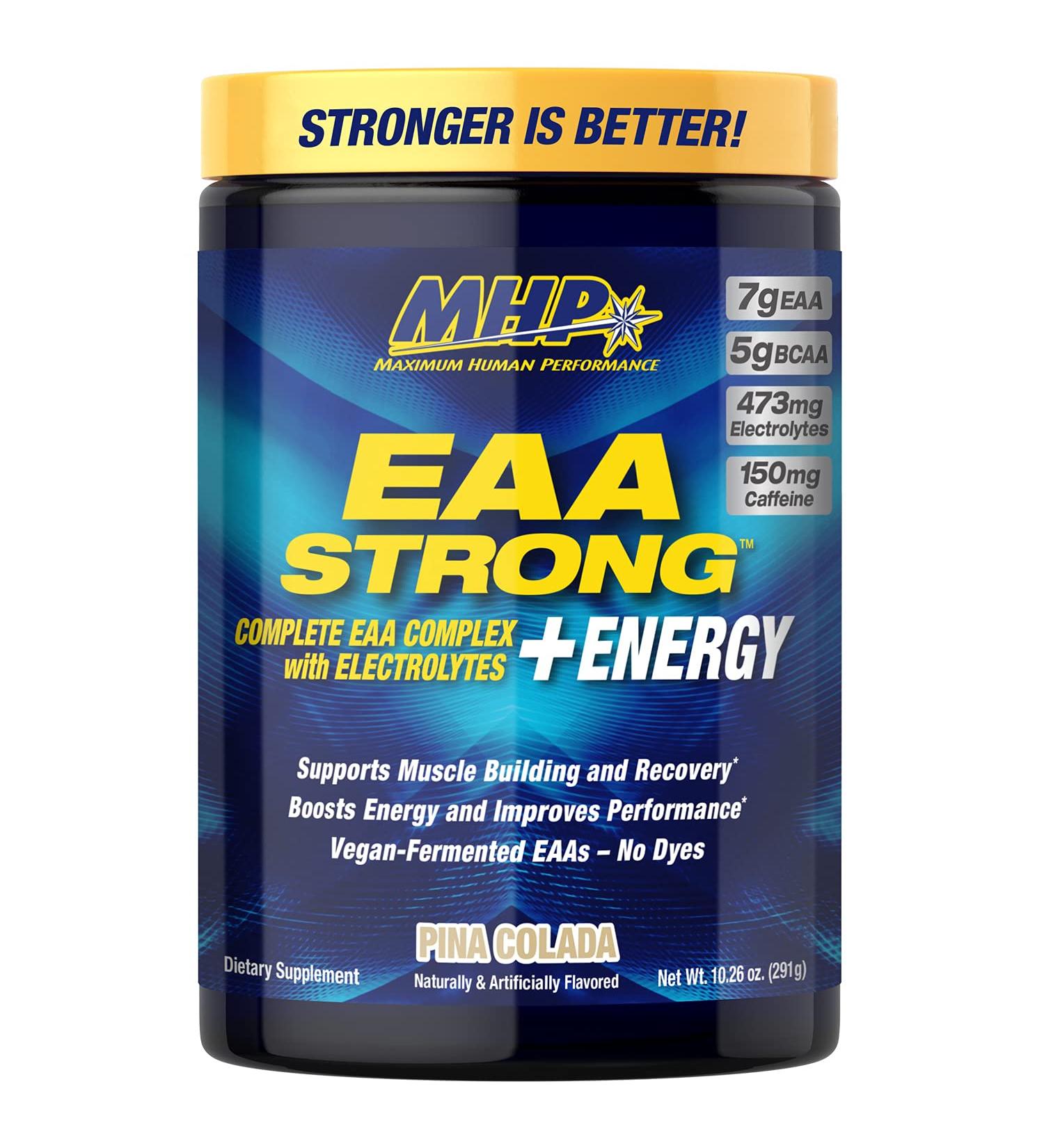 EAA Strong + Energy: Essential Amino Acid Supplement with BCAAs & Electrolytes - Pre-Workout for Muscle Building Performance & Recovery - Pina Colada Flavor 30 Servings - Buy Online on GoSupps.com