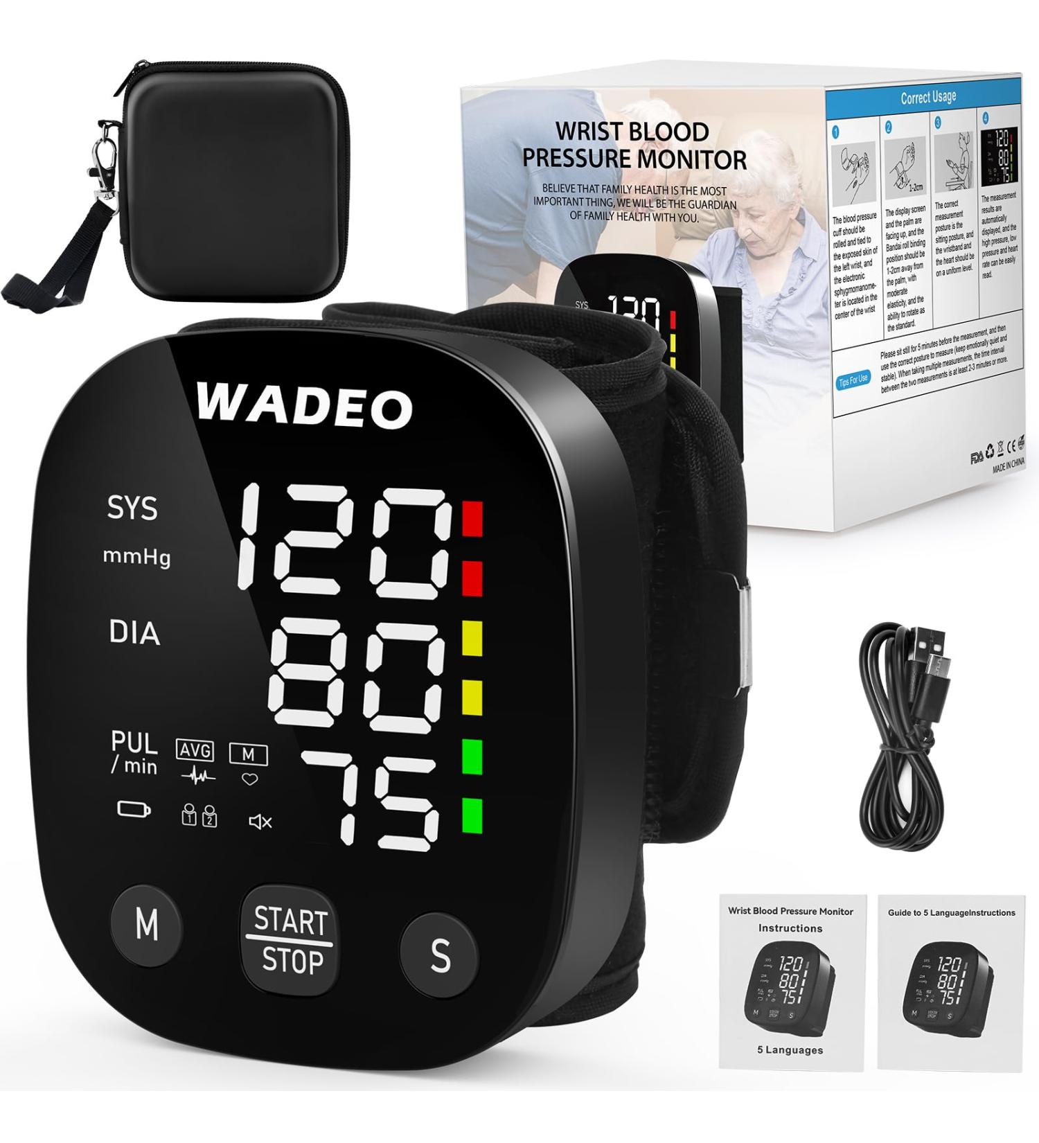 Wadeo Digital Wrist Blood Pressure Monitor - Accurate LCD Portable Monitor with Voice Transmission Heart Rate Tracking & 2x99 Memory for Home & Travel - Buy Online on GoSupps.com