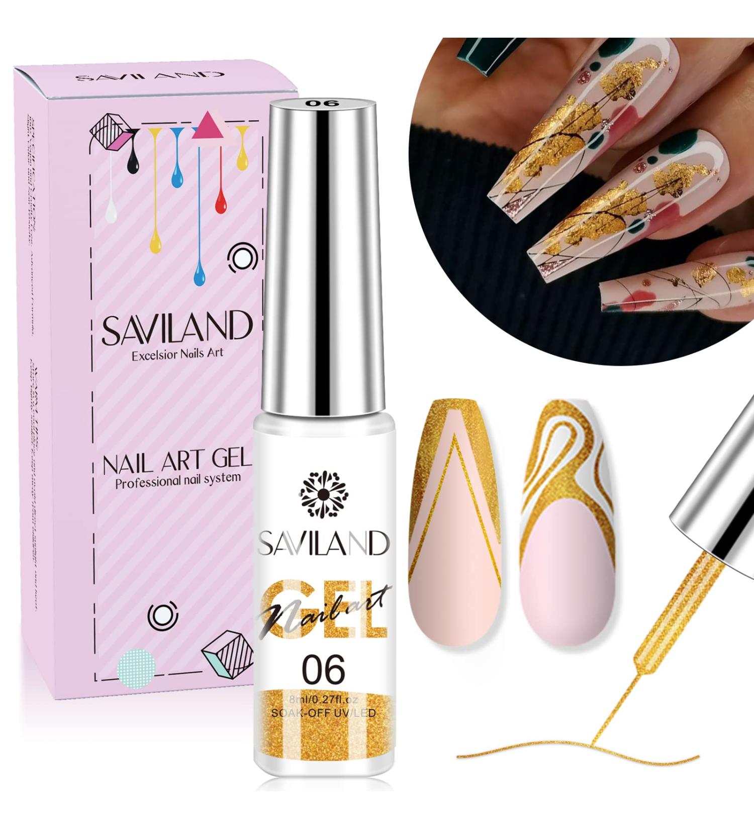 Saviland Gold Liner Nail Art Gel Polish - Soak Off U V LED French Manicure Starter Gel for Swirl Nails - DIY Nail Salon 1 Color Liner Gel - Buy Online on GoSupps.com