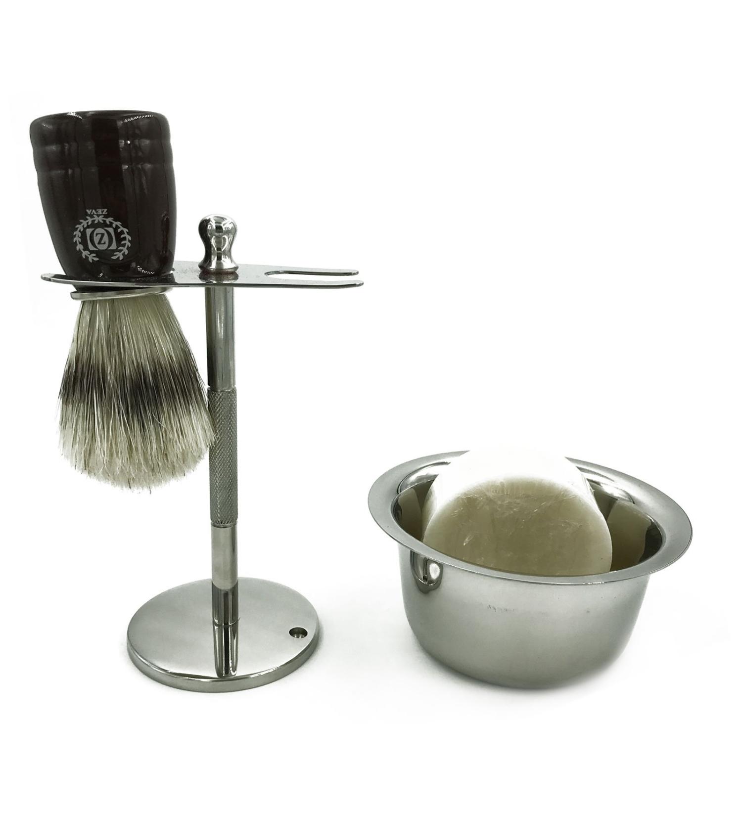 Deluxe Chrome Razor and Brush Stand - The Best Safety Stand This Will Prolong Life Of Your Shaving with Pure Bristle Drip Mens Gift Set Stainless Steel Finish Bowl Mug Hypo Allergic Soap Shaving Brush
