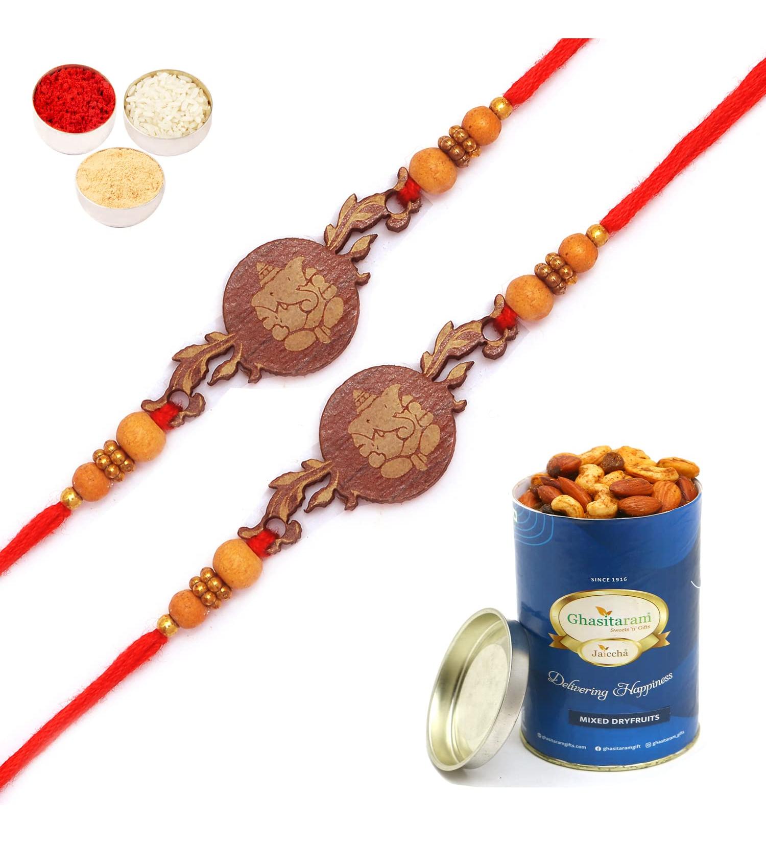 Ghasitaram Gifts Rakhi for Brother Rakhis Online - Set of 2 - BW-5414 Wooden Ganesha Rakhi with 100 GMS of Dryfruits Mix Can 2 Rakhi with 100 gms of Dryfruits Mix Can - Buy Online on GoSupps.com