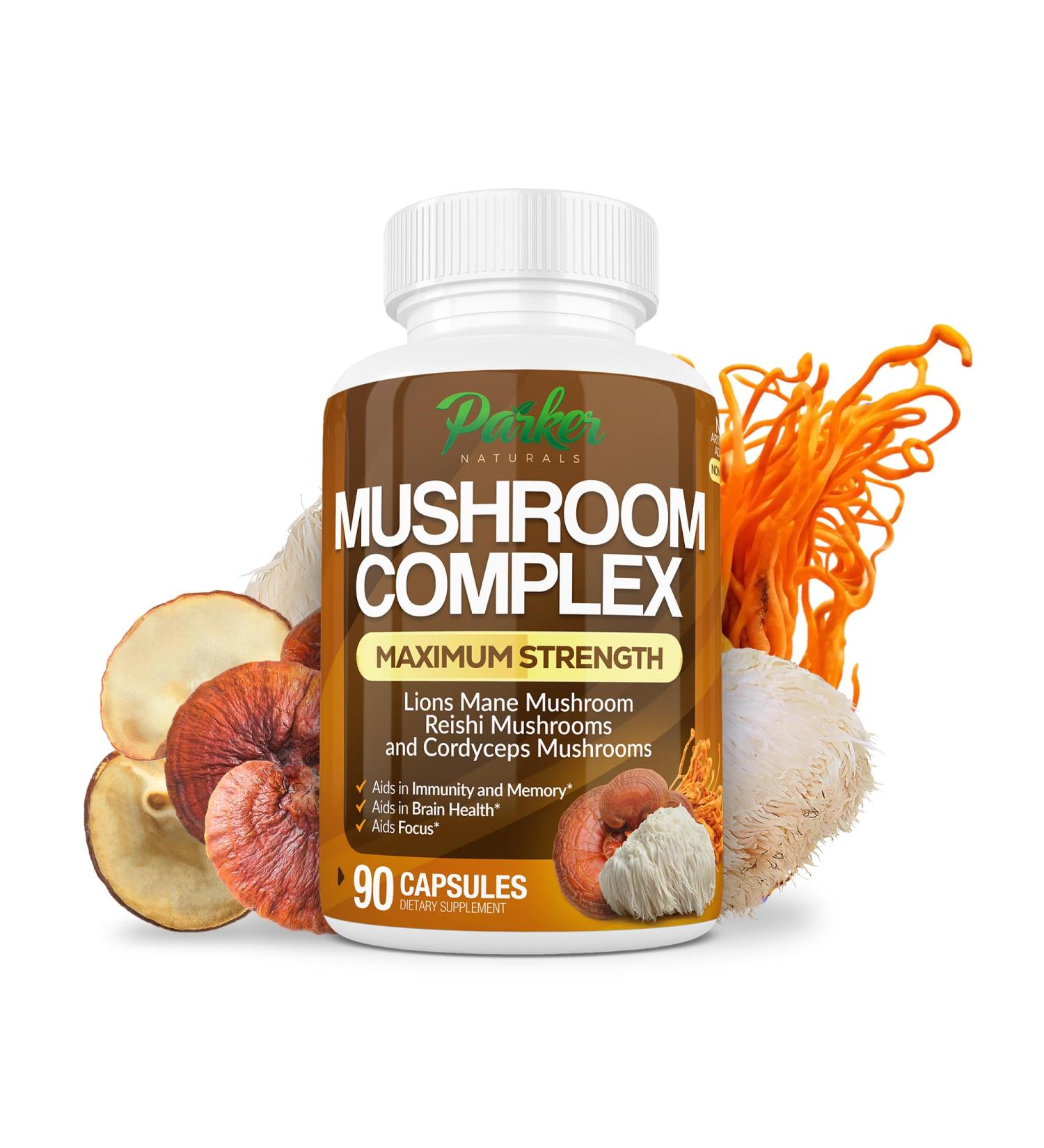 Parker Naturals Mushroom Complex Capsules Premium Lions Mane Cordyceps and Reishi Mushroom Supplement Maximum Strength Organic Mushrooms Supplement 90 Capsules - Buy Online on GoSupps.com
