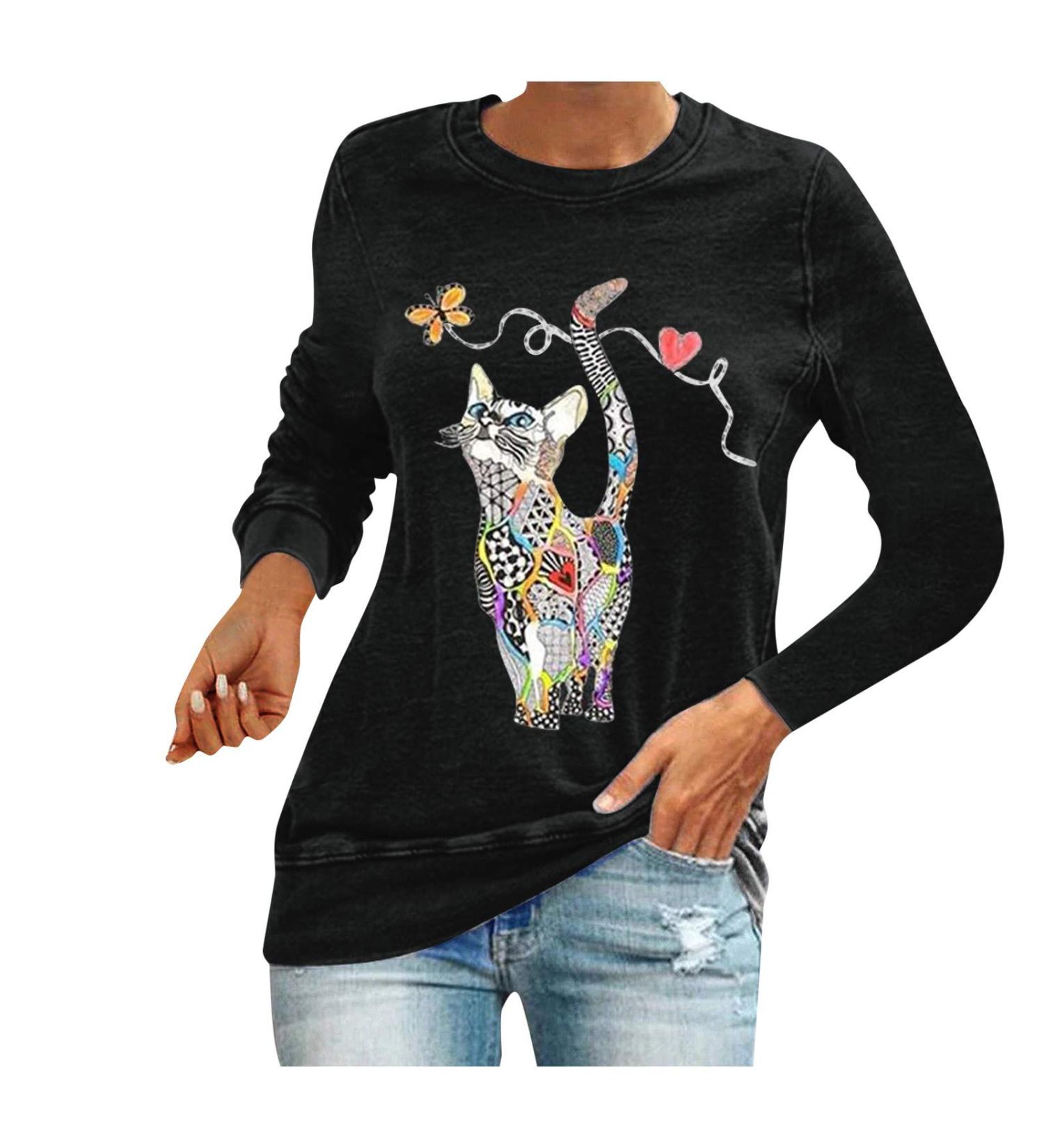 NHNKB Sweatshirt Women's Black Long Sleeve Women's Sweatshirt Cotton T-Shirt Women's with Print Cat Top Women's Black Elegant Casual Neck Shirt Women Blouse Long Sweatshirts Jumper Sleeves 5XL Black - Buy Online on GoSupps.com