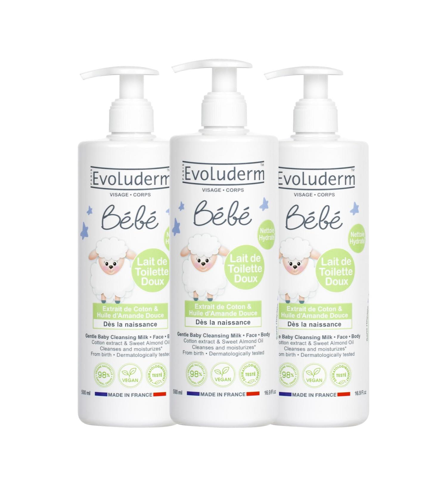 EVOLUDERM - Soft Baby Face & Body Lotion - 500 ml - 98% Natural Origin - Vegan - Made in France - Pack of 3 x 500 ml - Buy Online on GoSupps.com