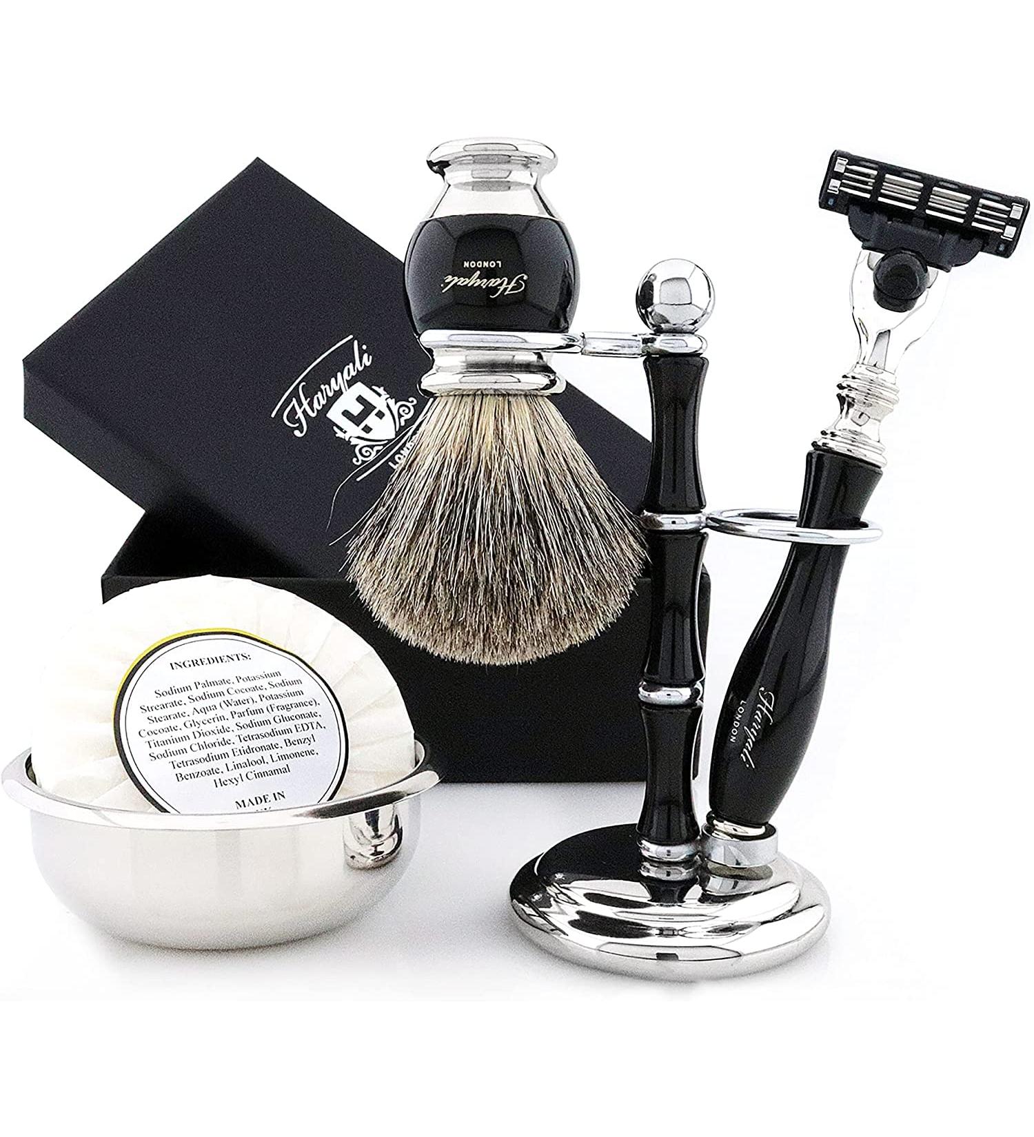Haryali London Men's 5 Pc Shaving Set with Razor, Brush, Soap, Bowl & Stand - Black Color - Perfect Gift - Buy Online on GoSupps.com
