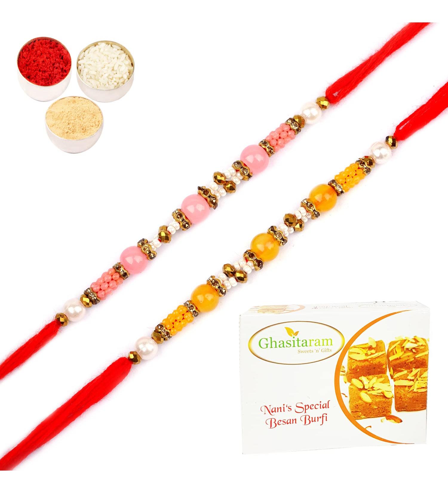 Ghasitaram Gifts Rakhi for Brother Rakhis Online - Set of 2-6511A Rakhis with 400 GMS of Besan Barfi Rakhi Set with 400 gms of Besan Barfi - Buy Online on GoSupps.com