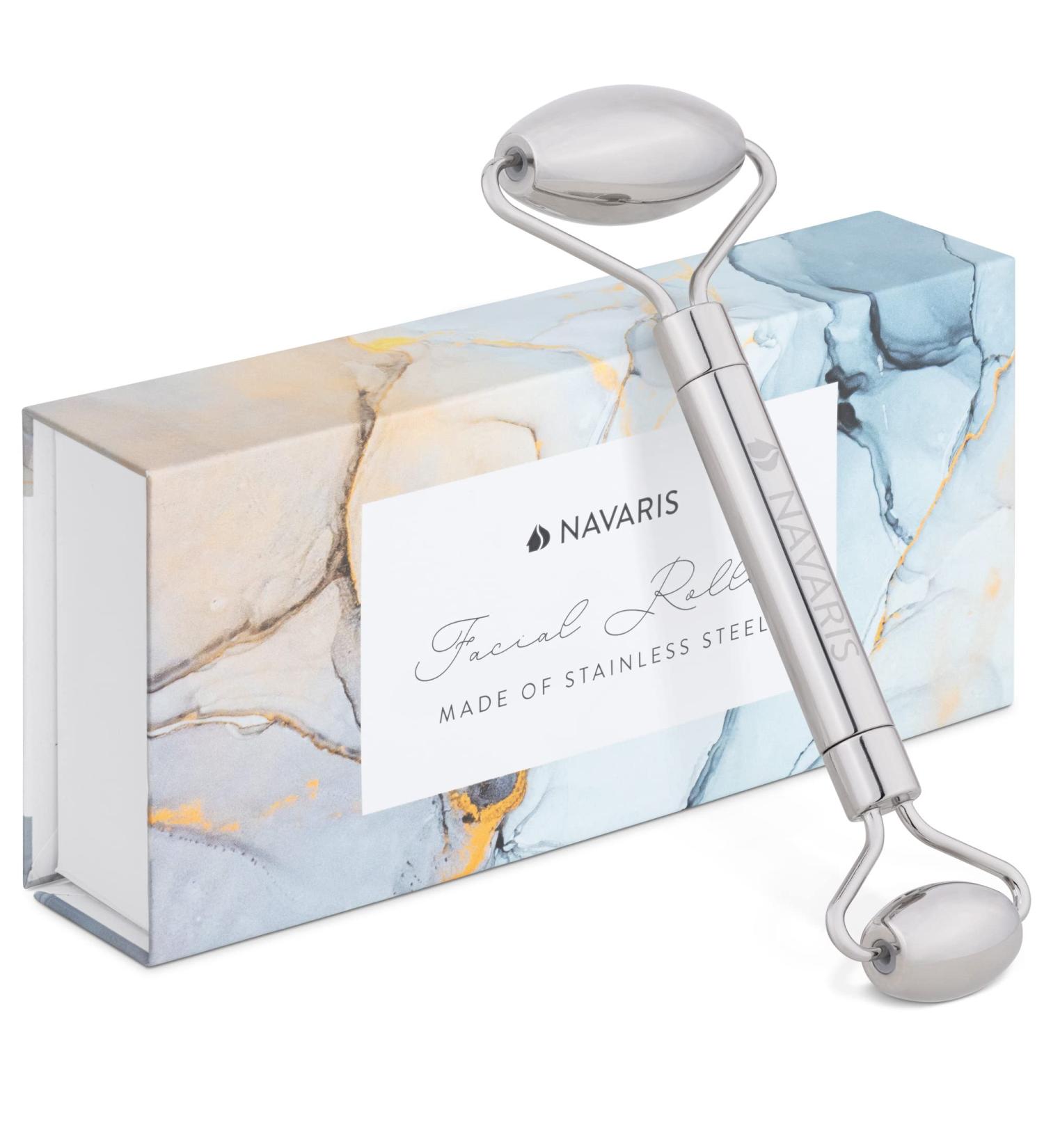 Navaris Stainless Steel Face Roller Scooter - Dual-Head Massage Device with Large & Small Rollers - Enhance Your Skincare Routine - Buy Online on GoSupps.com