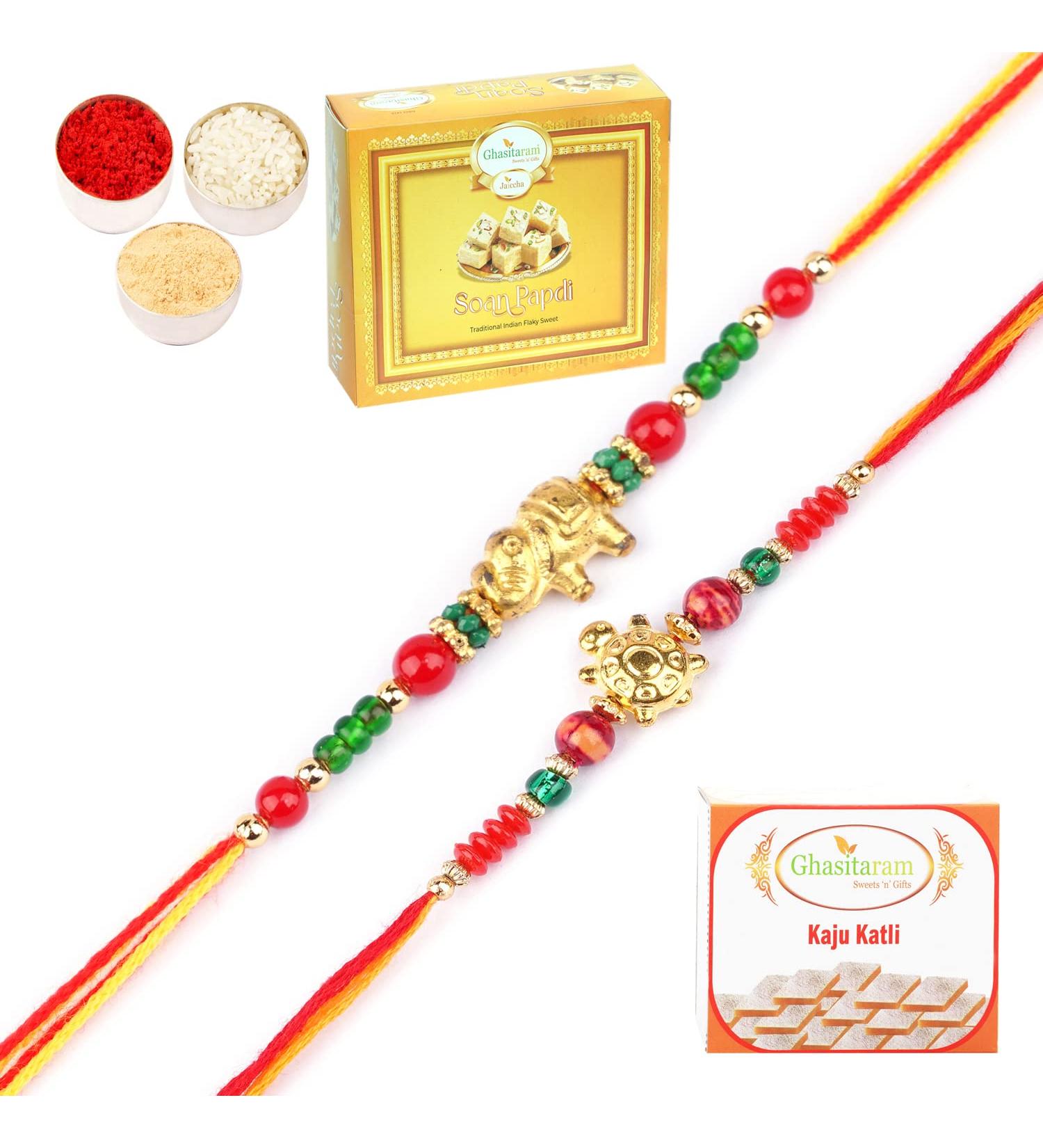 Ghasitaram Gifts Rakhi for Brother Rakhis Online - Set of 2-6043 and 6059 Rakhi Threads with 200 GMS of Kaju katli and 200 GMS of Soan Papdi - Buy Online on GoSupps.com