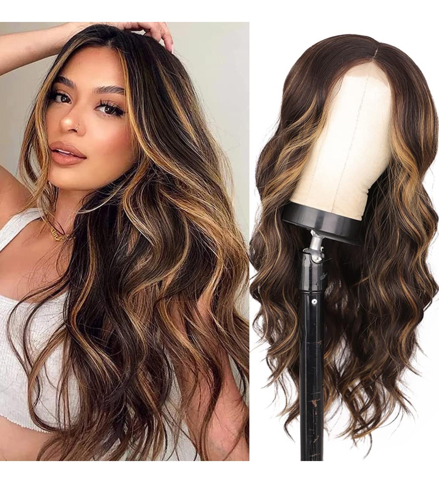 28 Inch Blonde Highlight Body Wave Synthetic Wig | Heat Resistant Long Hair Wig for Women | Middle Part Brown Mixed Blonde Highlight Wig for Daily & Party Use - Buy Online on GoSupps.com