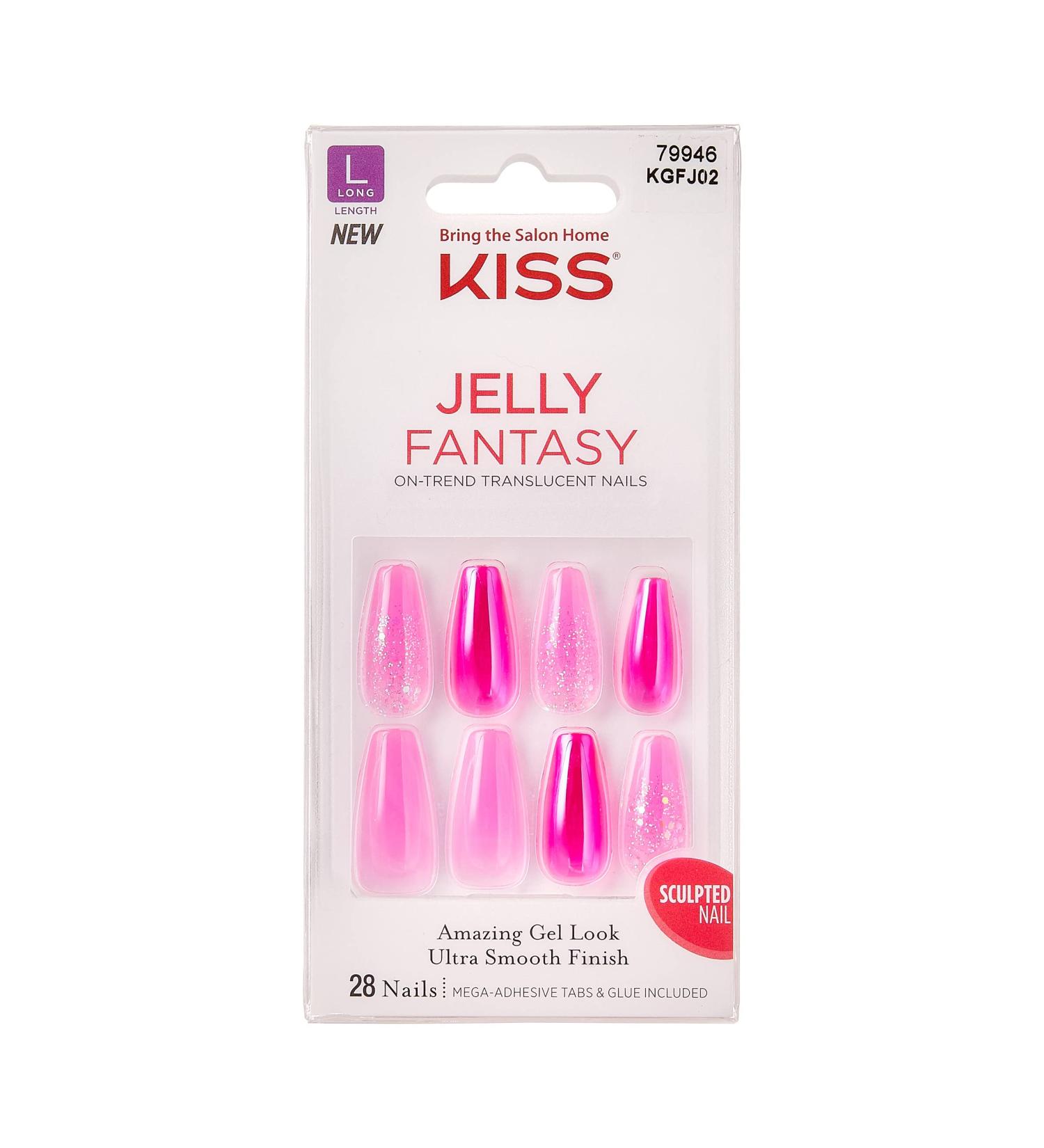 KISS Jelly Fantasy Long Coffin Translucent Nails - Jelly Baby Design, Durable & Easy to Apply | Includes Gel Nail Glue, Mini File, Manicure Stick & 28 Fake Nails - 1 Count - Buy Online on GoSupps.com