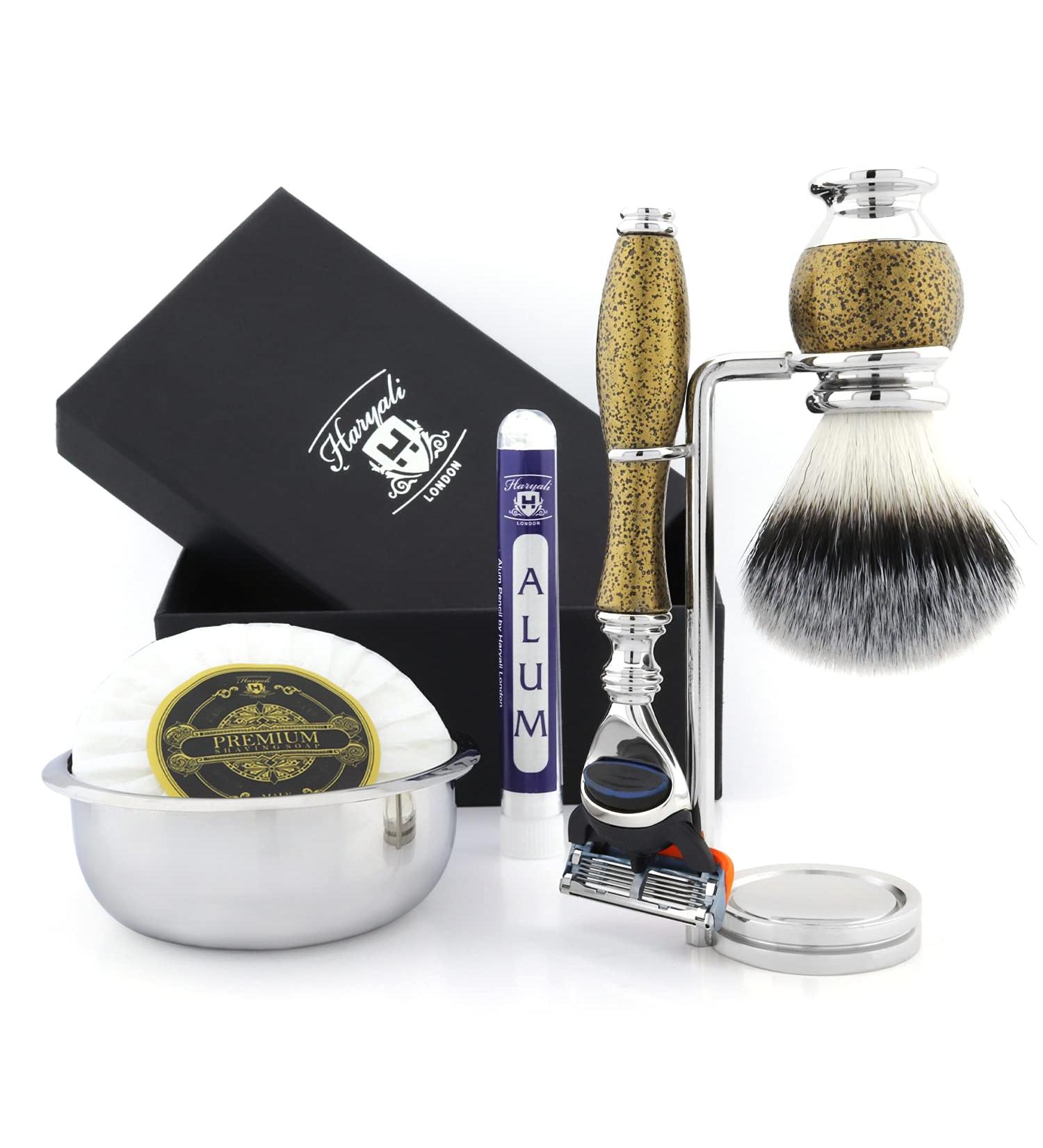 Men's Shaving Kit - 5 Edge Razor Synthetic Badger Hair Brush Bowl Soap & Stand | Perfect Gift for Men - International Shipping Available - Buy Online on GoSupps.com
