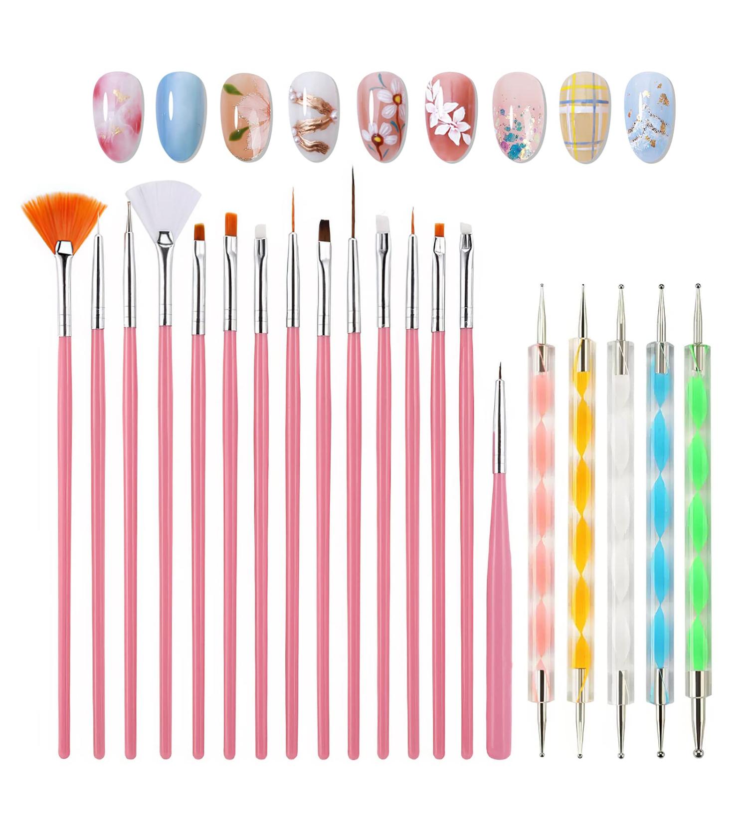 SAGEBIO 15 pcs Gel Nail Brush Set & 5 pcs Acrylic Nail Dotting Tools - DIY Manicure Kit in Pink - Buy Online on GoSupps.com
