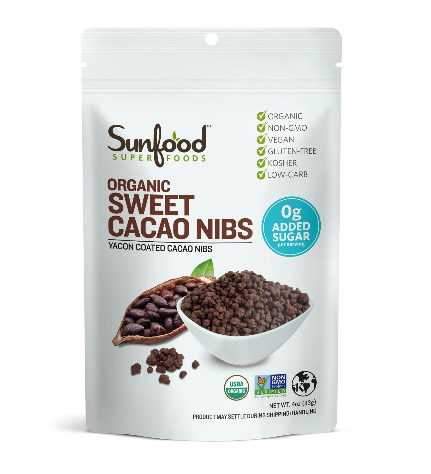 Sunfood Superfoods Sweet Cacao Nibs - Organic, Non-GMO, Vegan, Gluten-Free | Ultra-Clean All Natural Ingredients | 4 oz Bag - Buy Online on GoSupps.com