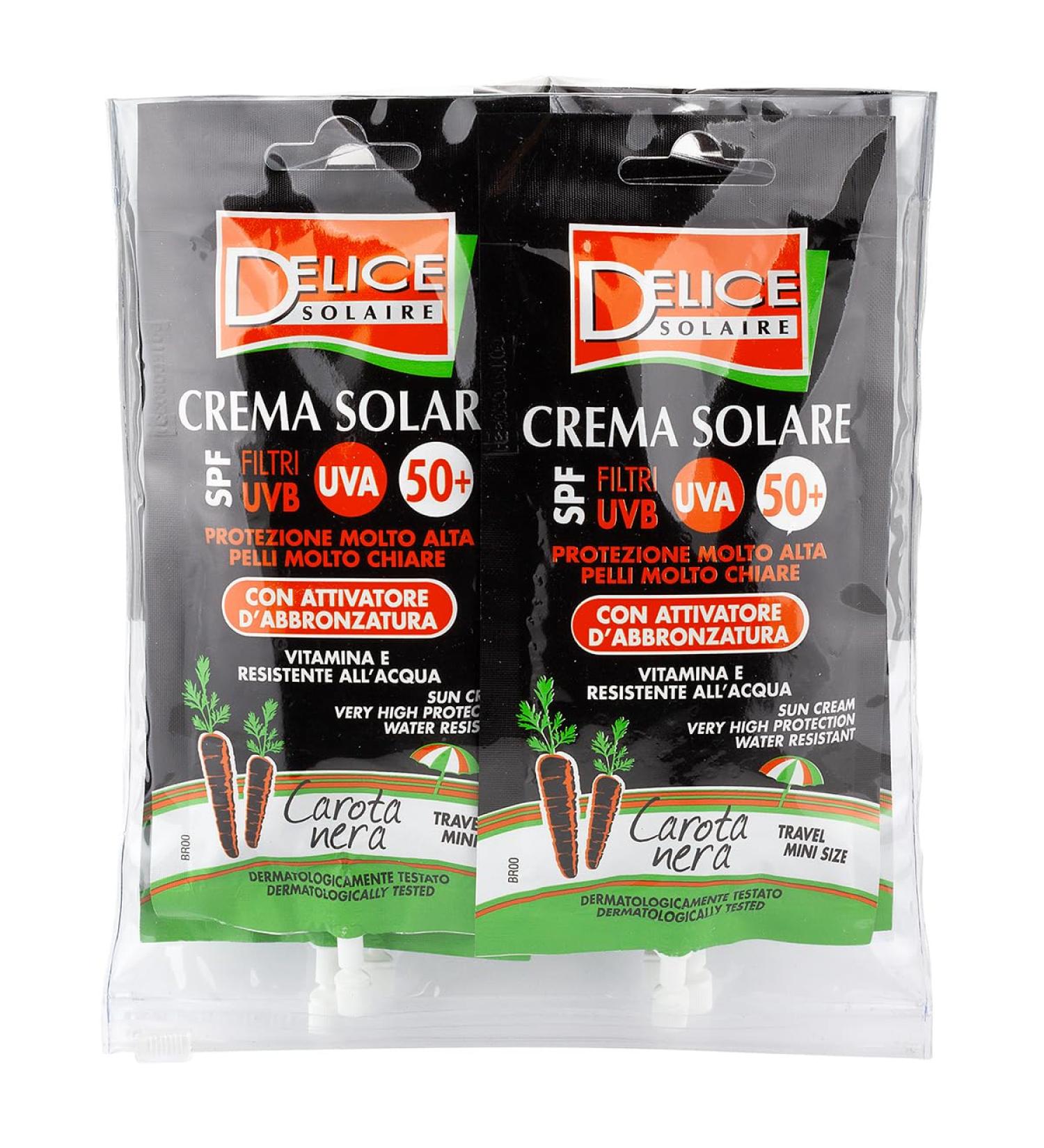 Delice Solaire Delice Solaire Mini Size Sunscreen Extra High Protection SPF50+ with Carrot Tan Activator Black Water Resistant Dermatologically Tested - 6 Sachets x 50ml - Buy Online on GoSupps.com