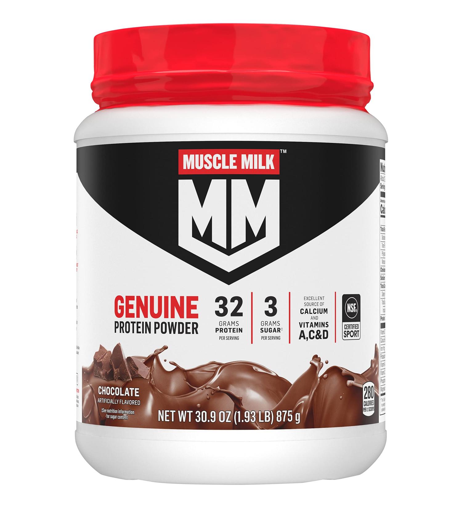 Muscle Milk Genuine Protein Powder Chocolate 1.93 lb - 32g Protein, NSF Certified, Energizing Snack - Packaging May Vary - Buy Online on GoSupps.com