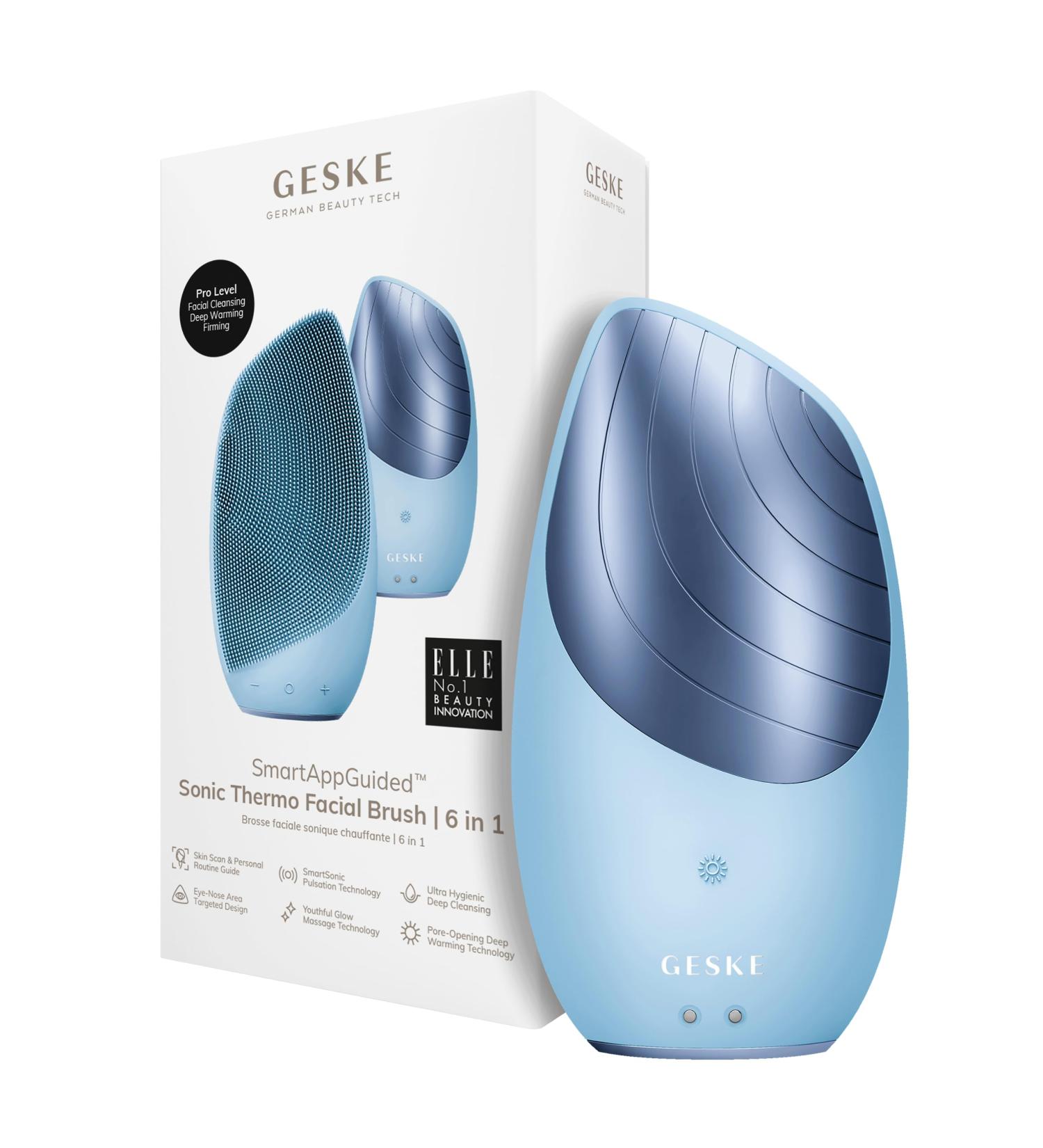 Geske SmartAppguided Sonic Thermo Facial Brush | 6-in-1 Skin Cleaning & Face Massage Device | Electrical Cleaning Brush with Heat Function | Aquamarine - Buy Online on GoSupps.com