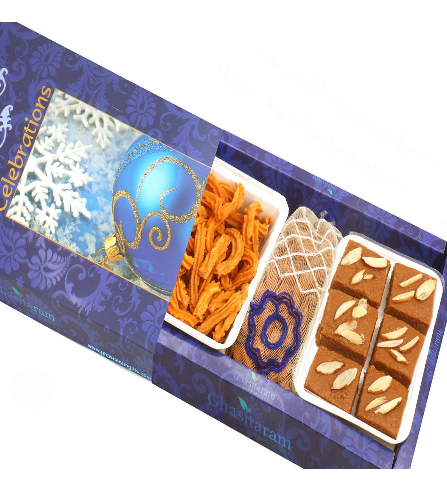 Ghasitaram Gifts Diwali Gifts Diwali Hamper Sweet Hampers - Nani's Spl Besan Barfi SOYA Sticks and Almonds Pouch Hamper Diwali Besan Barfi SOYA Sticks and Almonds - Buy Online on GoSupps.com