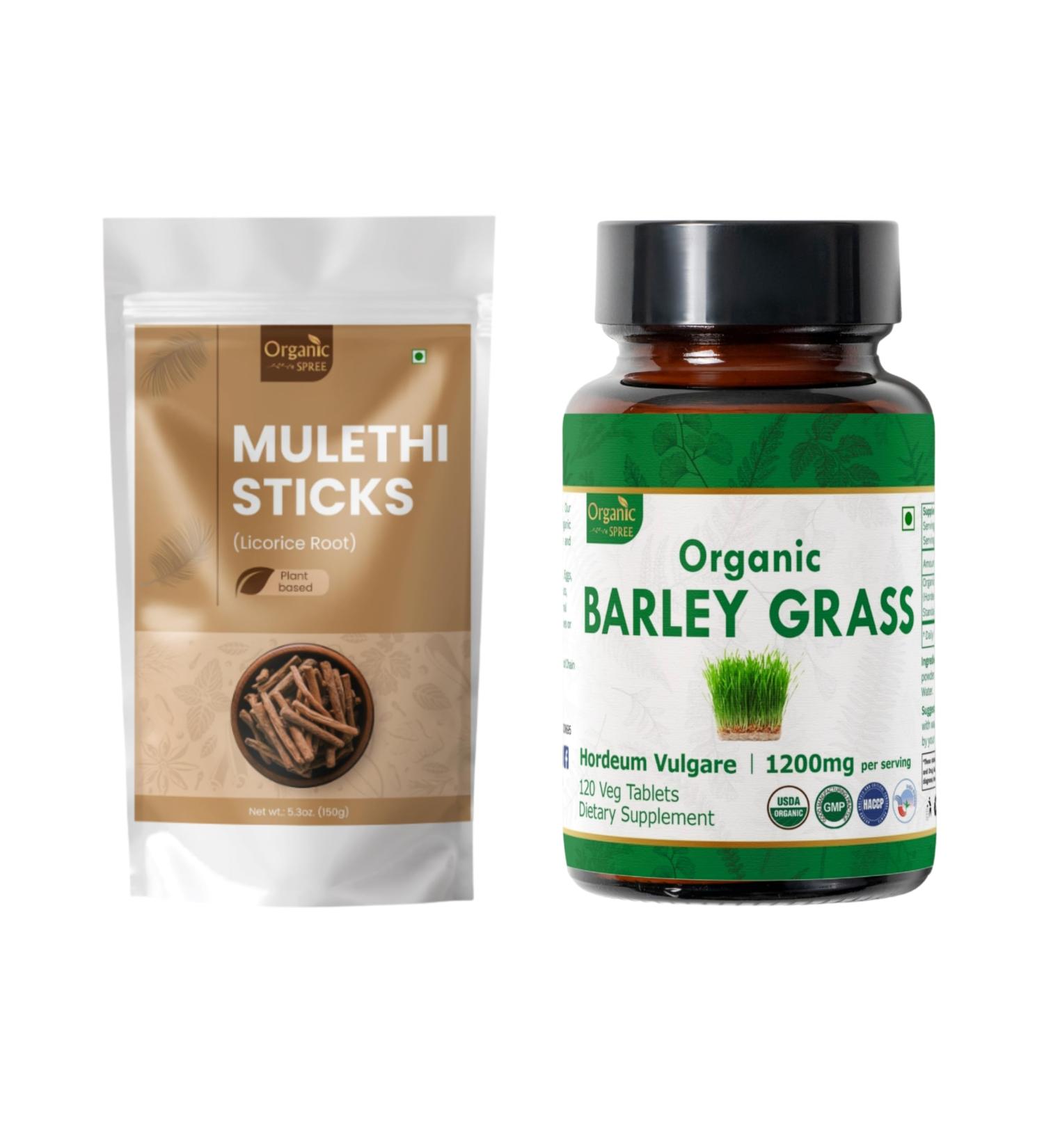 Organic Spree Mulethi Sticks & Barley Grass Supplement 150g & 120 Tablets Pure Yashtimadhu & USDA Organic Hordeum Vulgare - Buy Online on GoSupps.com