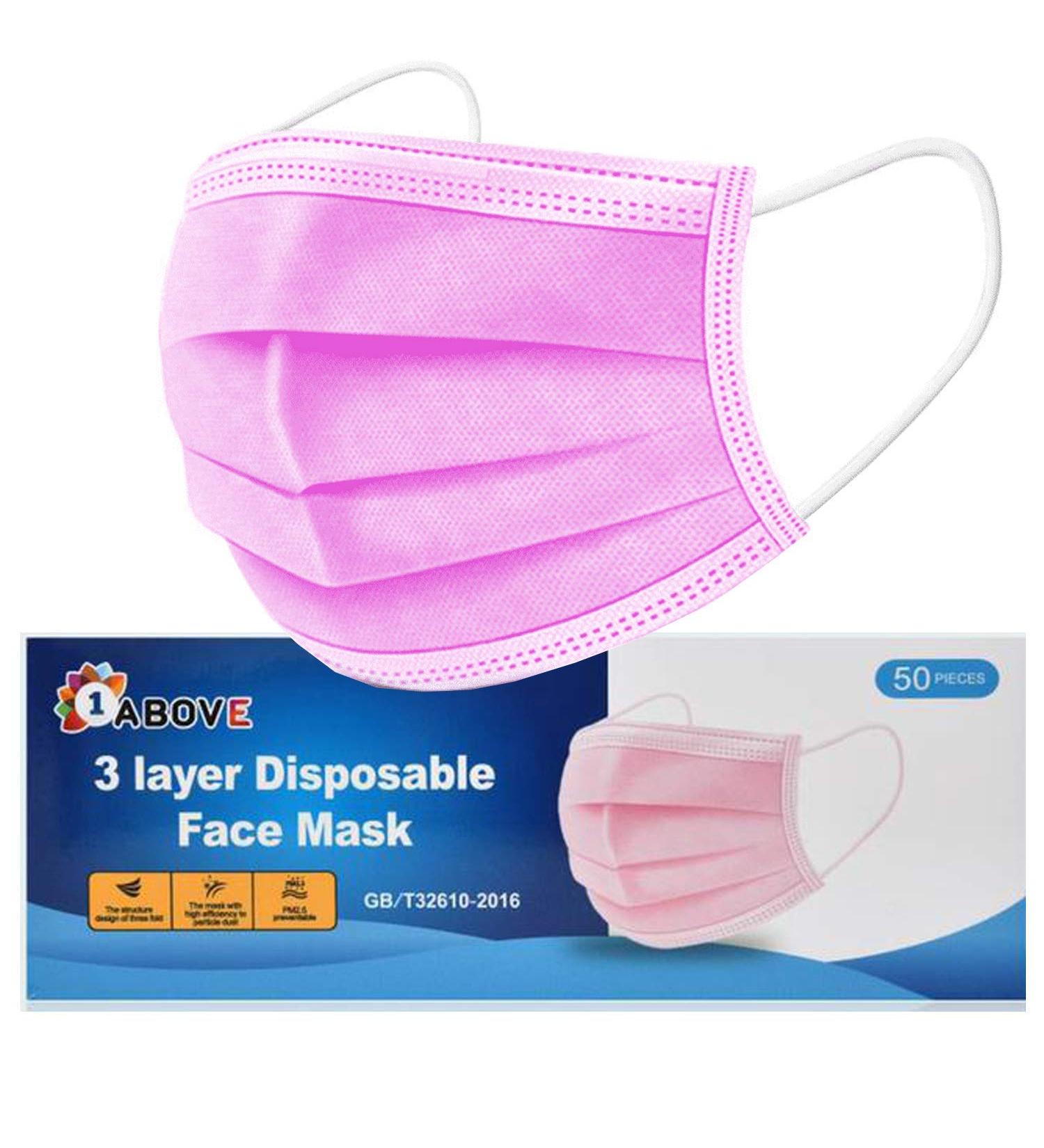 1ABOVE 3 Ply Pink Disposable Face Mask (50 Pack) - Dustproof & Breathable - Buy Online on GoSupps.com