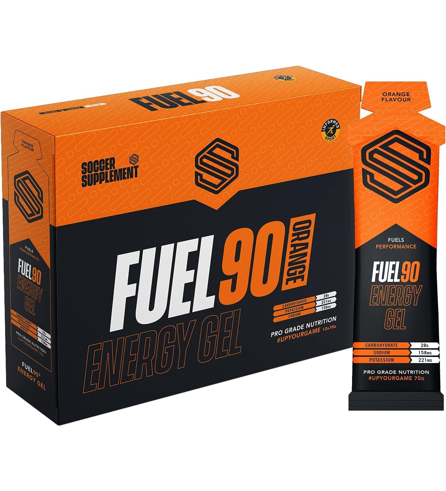 Soccer Supplement FUEL90 Energy Gel - Quick Release Dual Carbohydrate Source for Instant Absorption - Fruity Orange Flavor - 12x 70g Gels - Buy Online on GoSupps.com