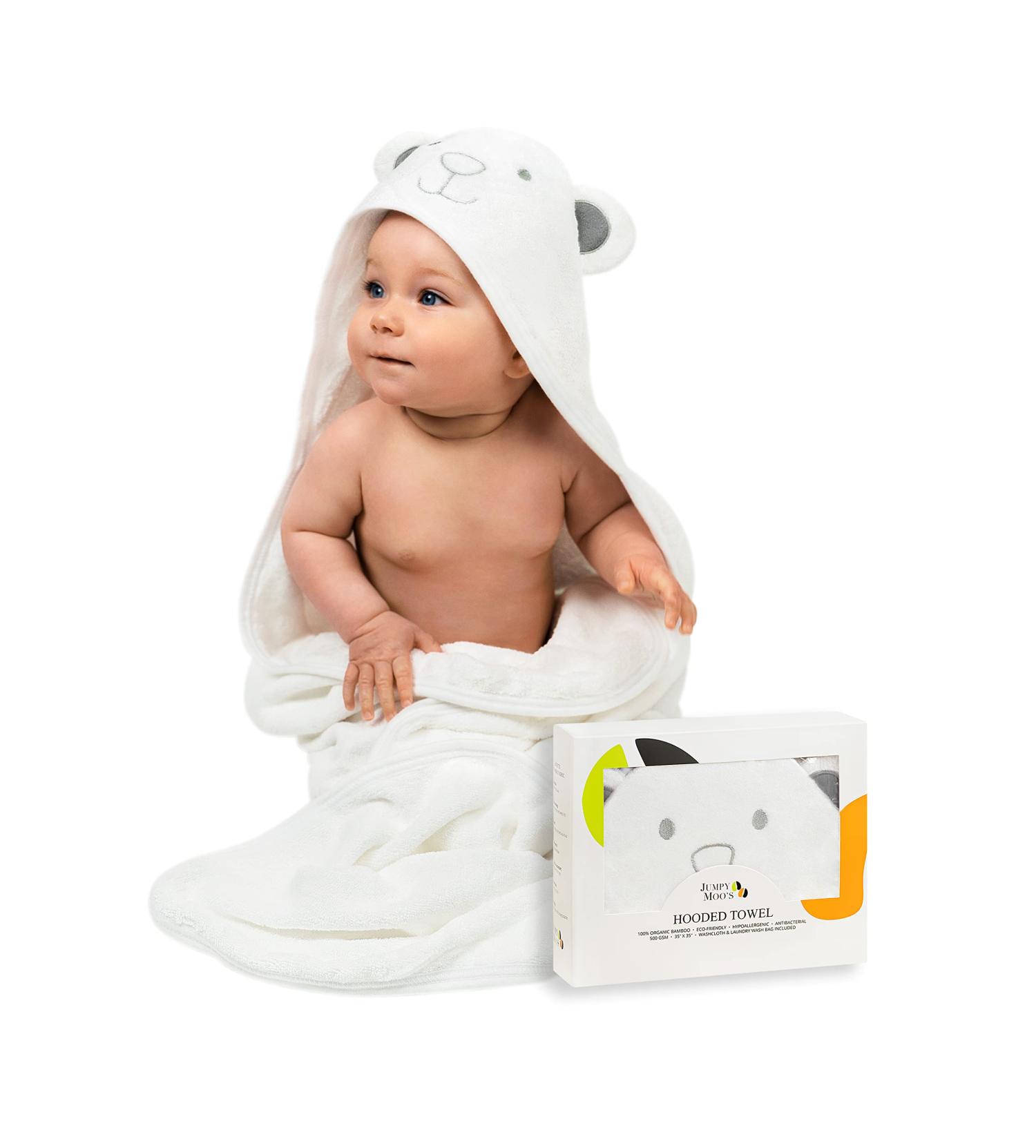 JM Organic Bamboo Hooded Baby Towel - Hypoallergenic & Absorbent - Perfect Baby Gift Set with Washcloth & Laundry Bag - Grey Bear Design | 35x35 for Kids & Babies - Buy Online on GoSupps.com