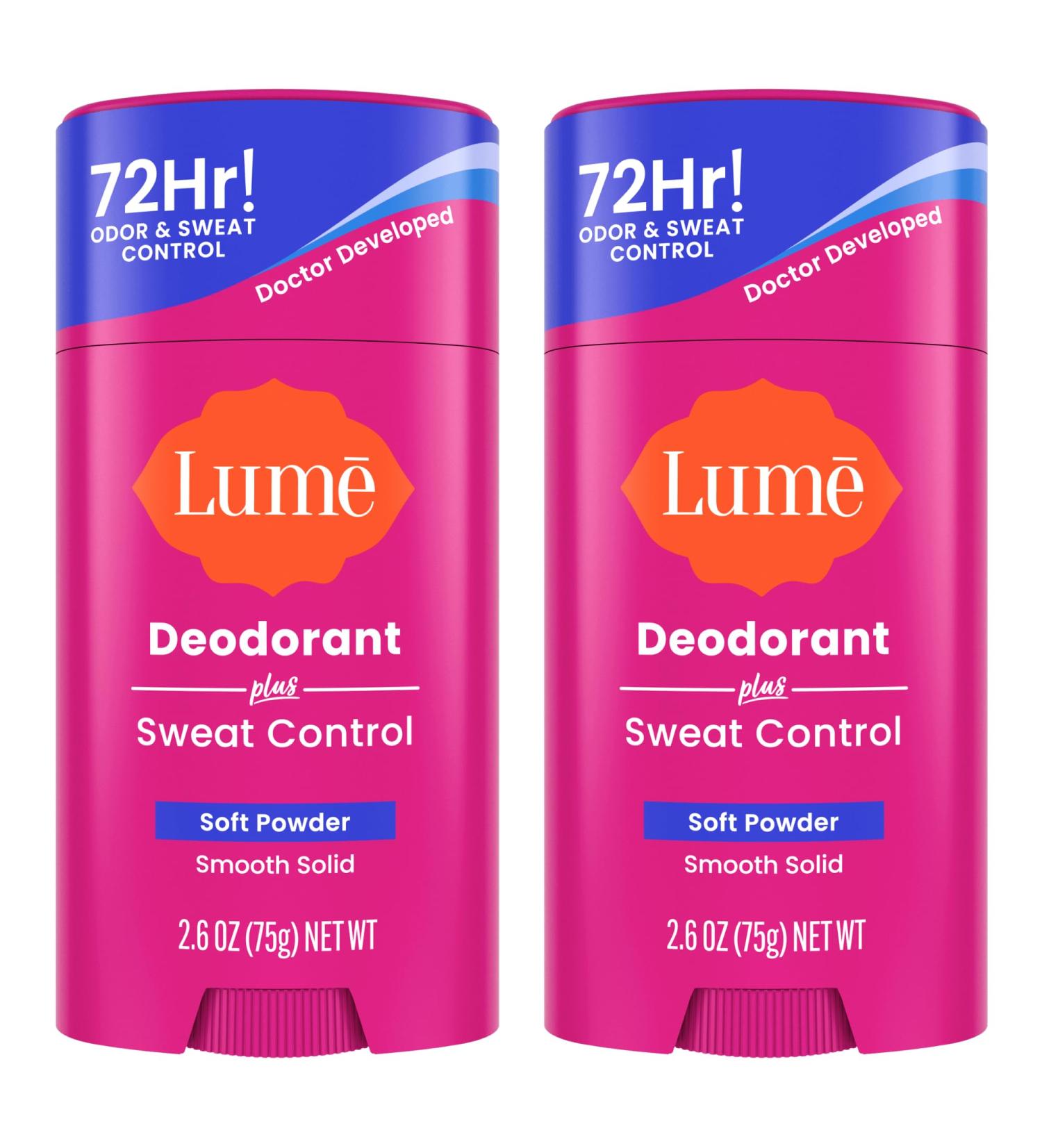 Lume Deodorant Plus Sweat Control - Smooth Solid Stick - Maximum Strength Antiperspirant - 72 Hour Odor And Sweat Control - Baking Soda Free Skin Loving - 3.0 ounce (Soft Powder) - Buy Online on GoSupps.com