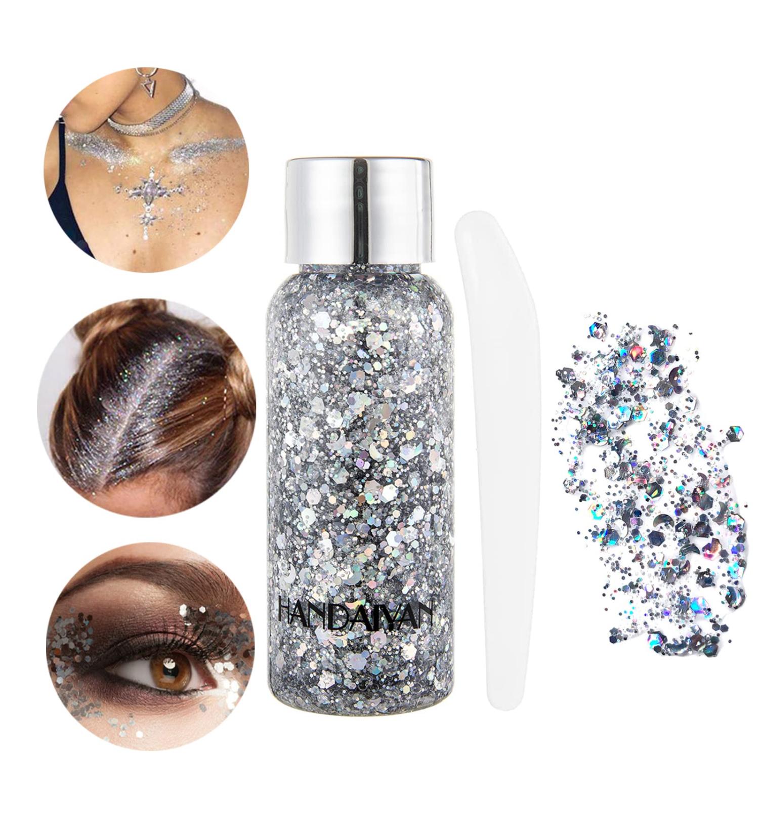Body Glitter Gel - Sparkling Liquid Face & Body Glitter for Festivals | Mermaid Sequins & Chunky Glitter - Long-Lasting Shine with 1 Spoon Silver - Buy Online on GoSupps.com