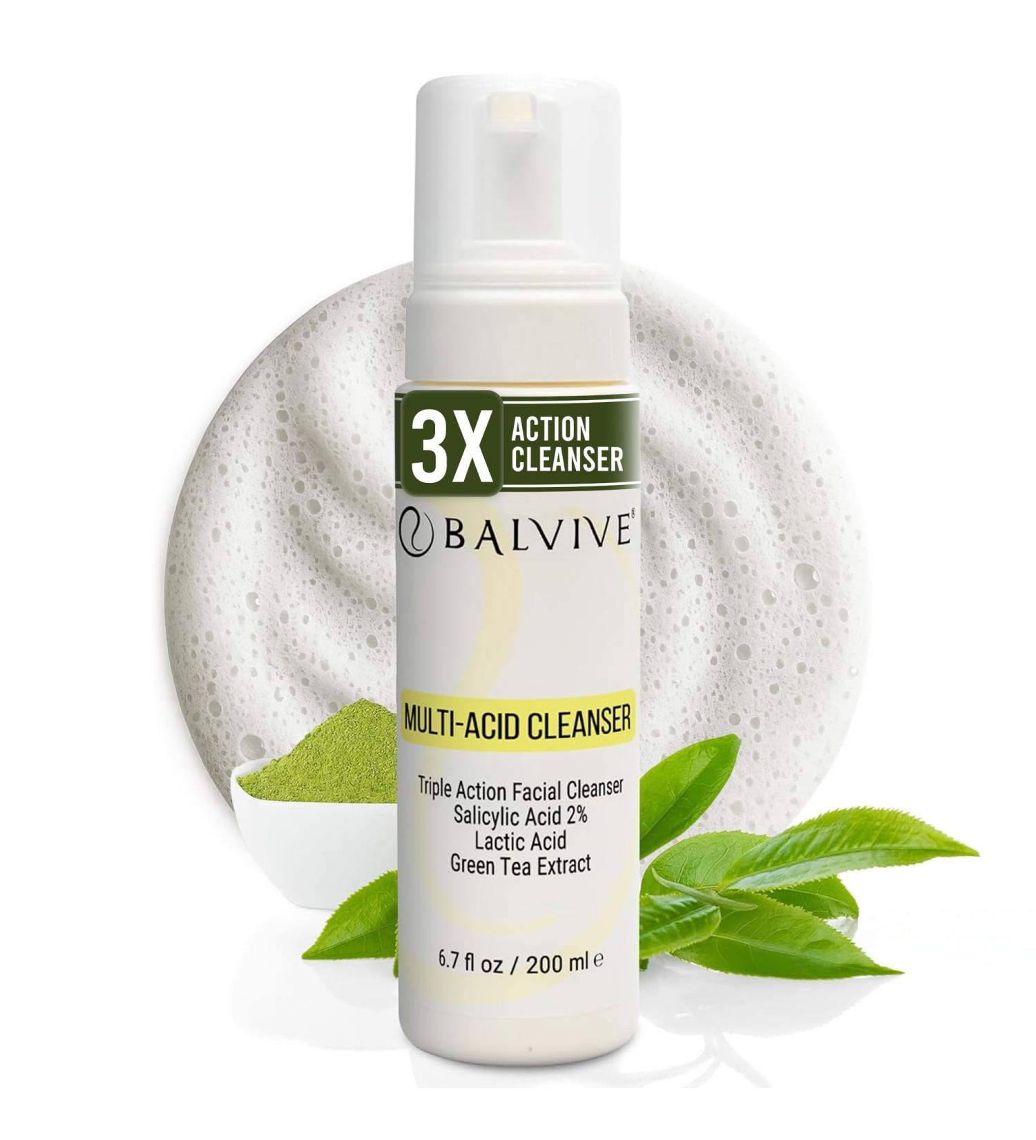 BALVIVE Foaming Facial Cleanser with Salicylic Acid Glycolic Acid & Lactic Acid & Green Tea Extract Face Wash for Acne Oily & Sensitive Skin Makeup Remover & Pore-Cleansing Skincare 6.7 fl oz - Buy Online on GoSupps.com