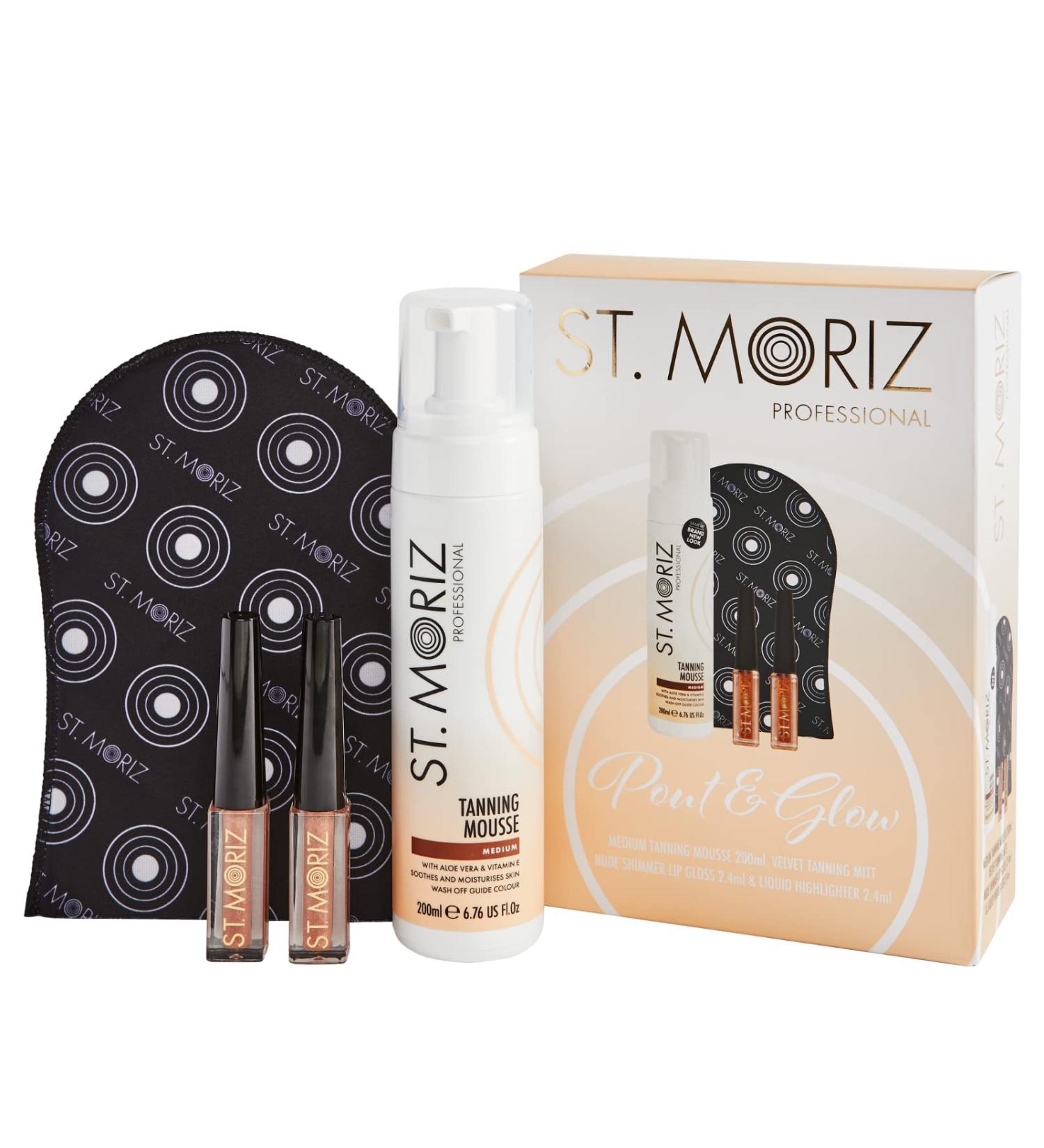 St. Moriz Pout & Glow Gift Set - Professional Medium Tanning Mousse (200ml) Includes Nude Shimmer Lip Gloss, Liquid Highlighter, & Velvet Tanning Mitt - Buy Online on GoSupps.com